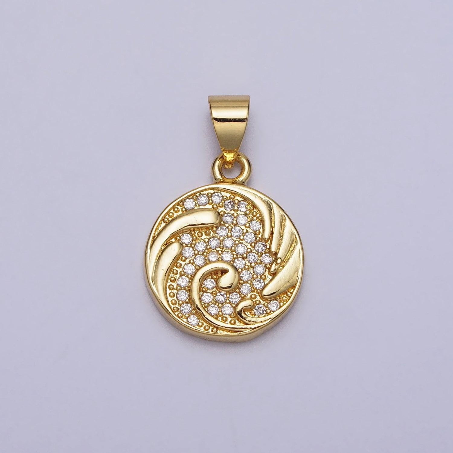 Gold micro paved cz swirl curved round pendant cubic wave ocean charm | aa086