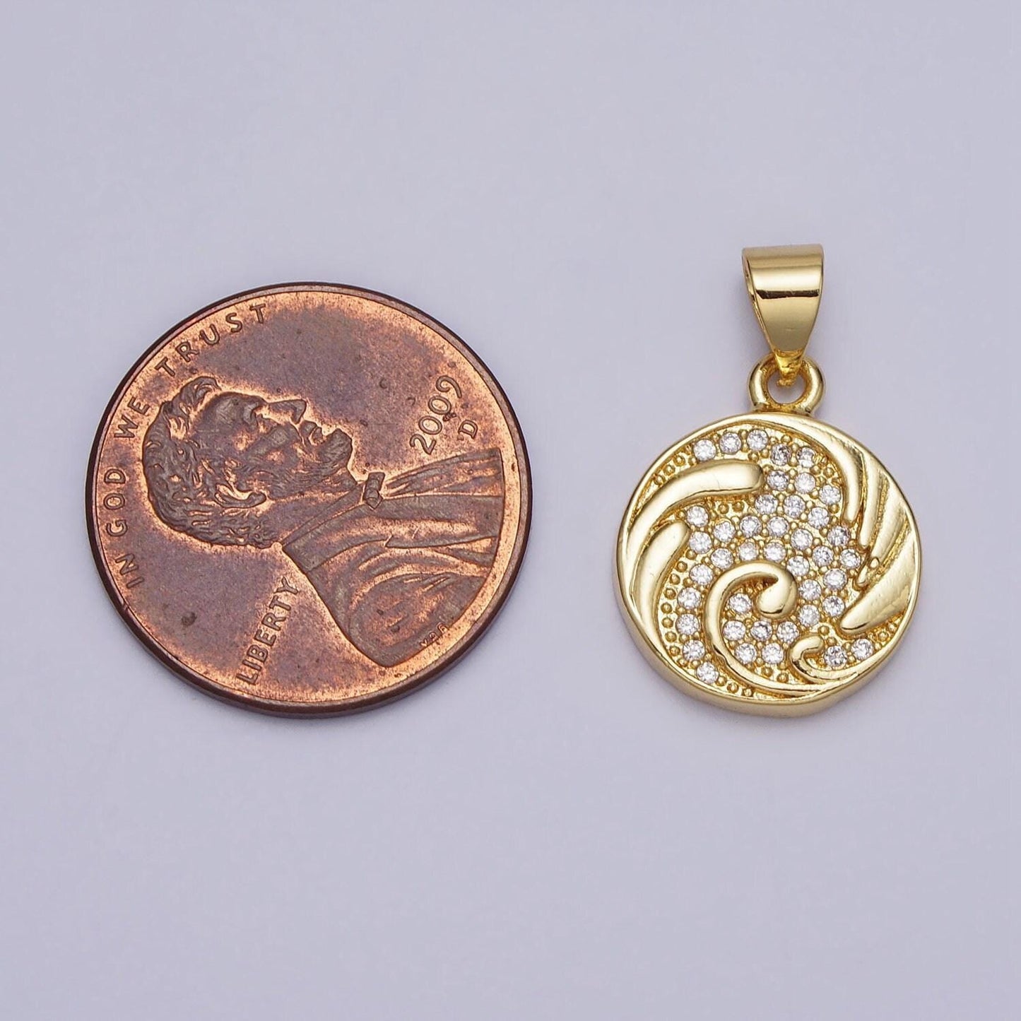 Gold micro paved cz swirl curved round pendant cubic wave ocean charm | aa086