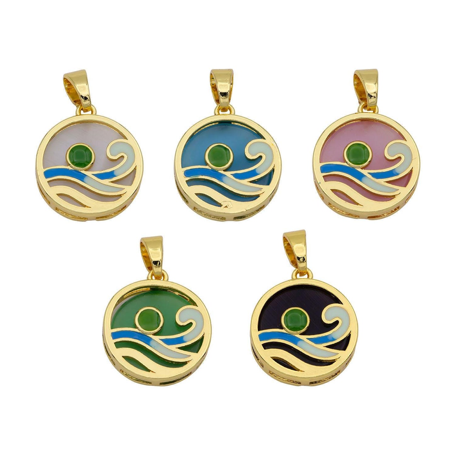 Ocean wave charms, blue enamel wave pendant beach nature charm coin wave jewelry 14k gold fileld supplies