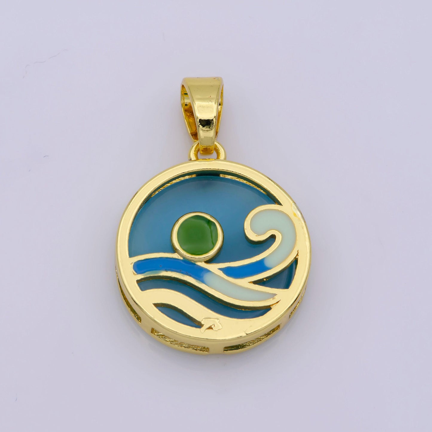 Ocean wave charms, blue enamel wave pendant beach nature charm coin wave jewelry 14k gold fileld supplies