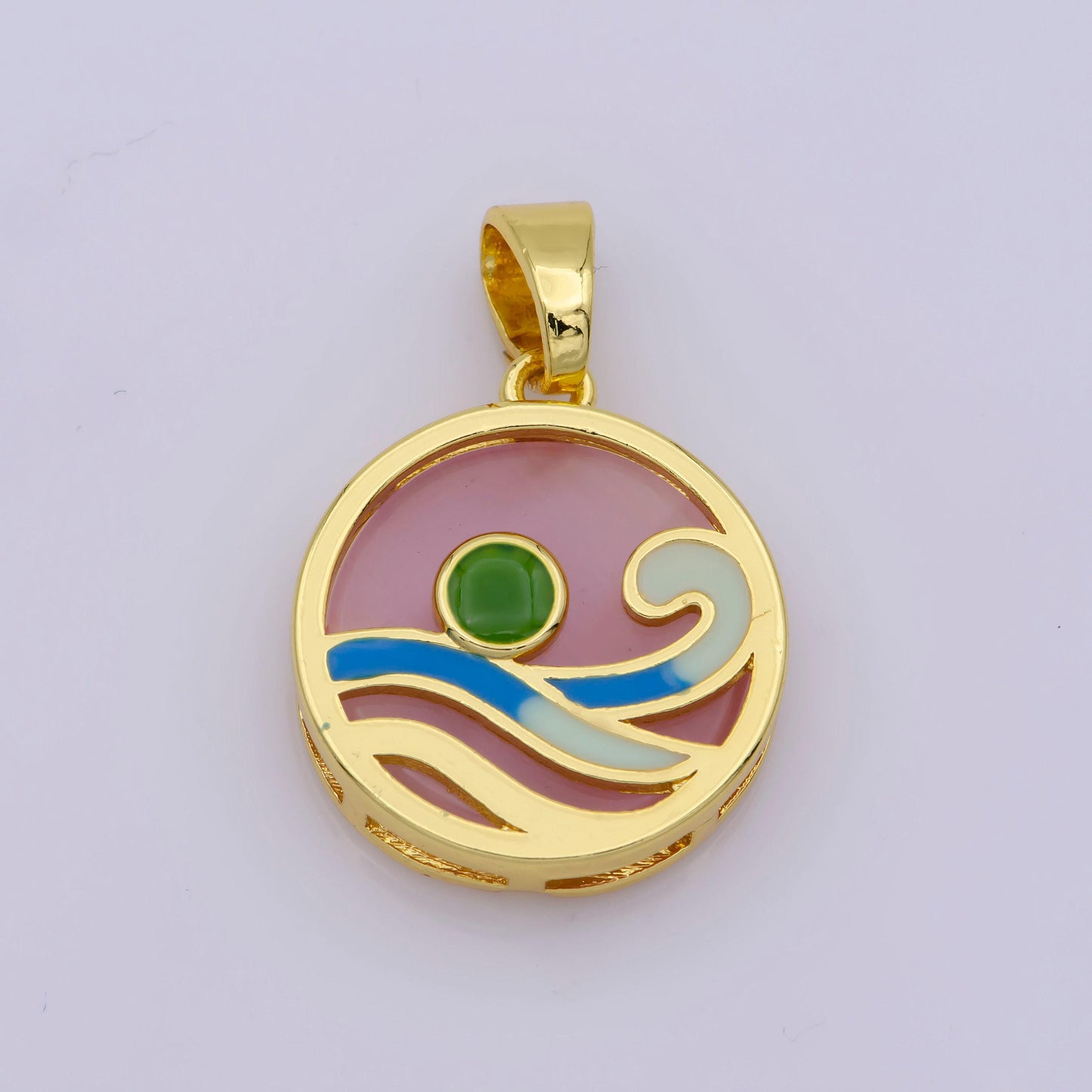 Ocean wave charms, blue enamel wave pendant beach nature charm coin wave jewelry 14k gold fileld supplies