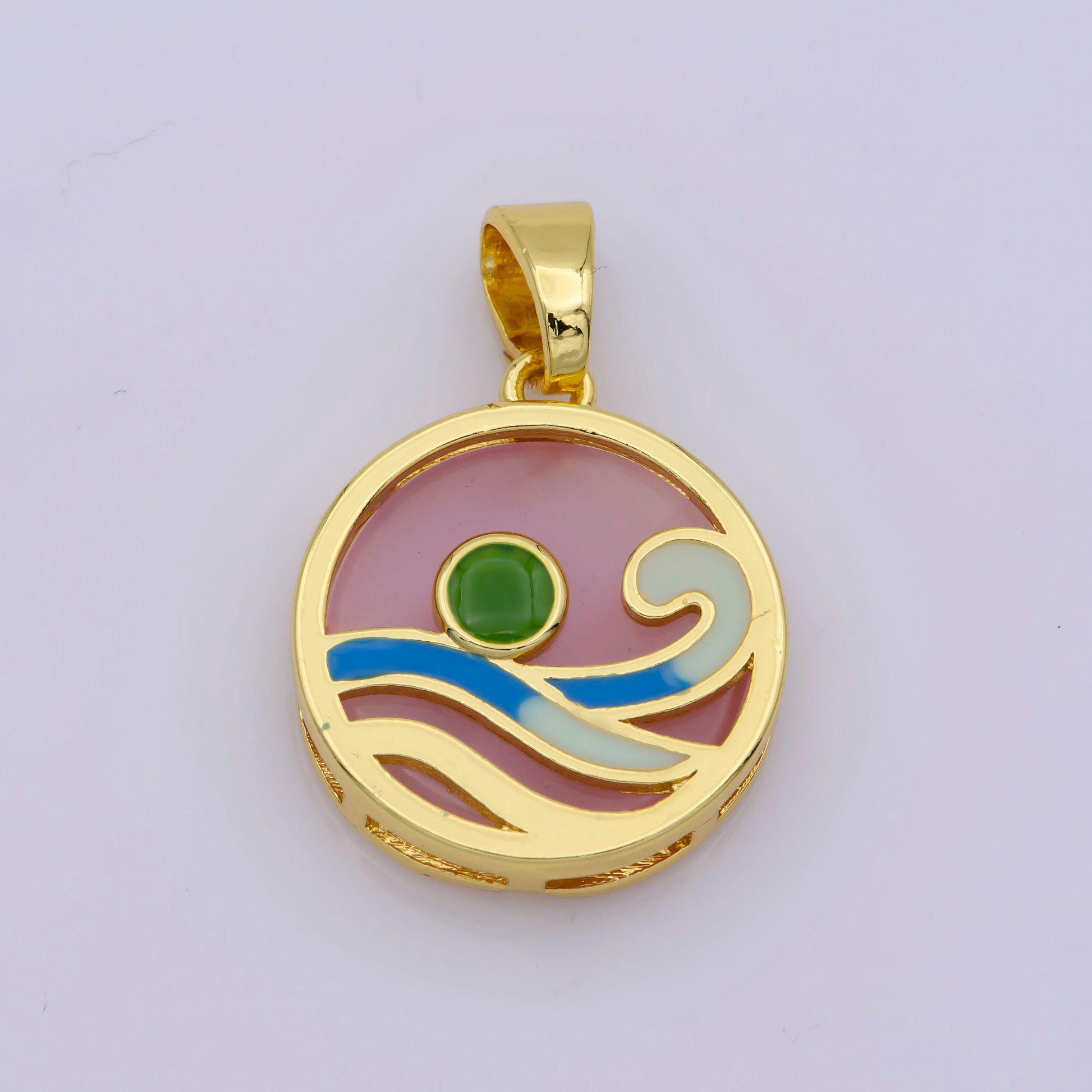 Ocean wave charms, blue enamel wave pendant beach nature charm coin wave jewelry 14k gold fileld supplies