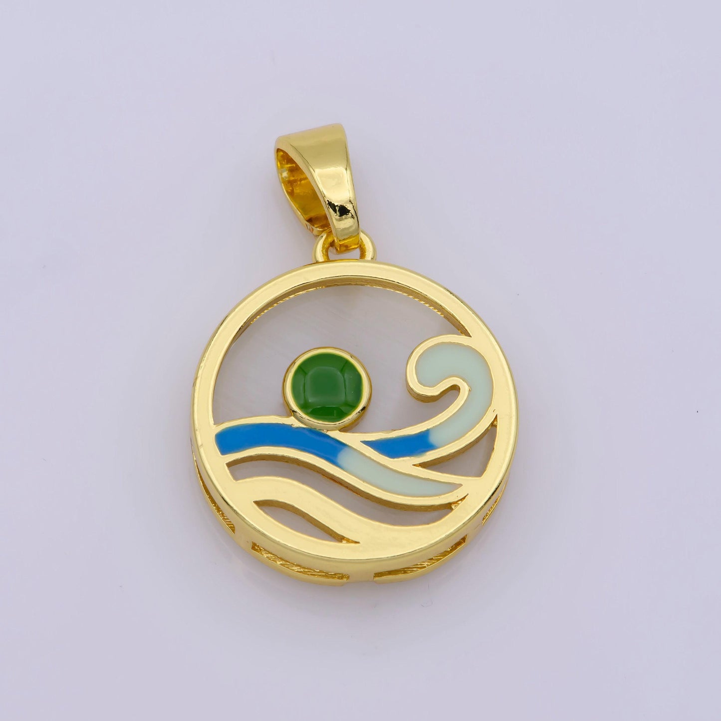 Ocean wave charms, blue enamel wave pendant beach nature charm coin wave jewelry 14k gold fileld supplies
