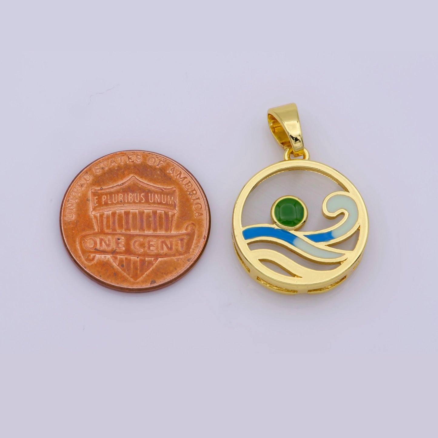 Ocean wave charms, blue enamel wave pendant beach nature charm coin wave jewelry 14k gold fileld supplies