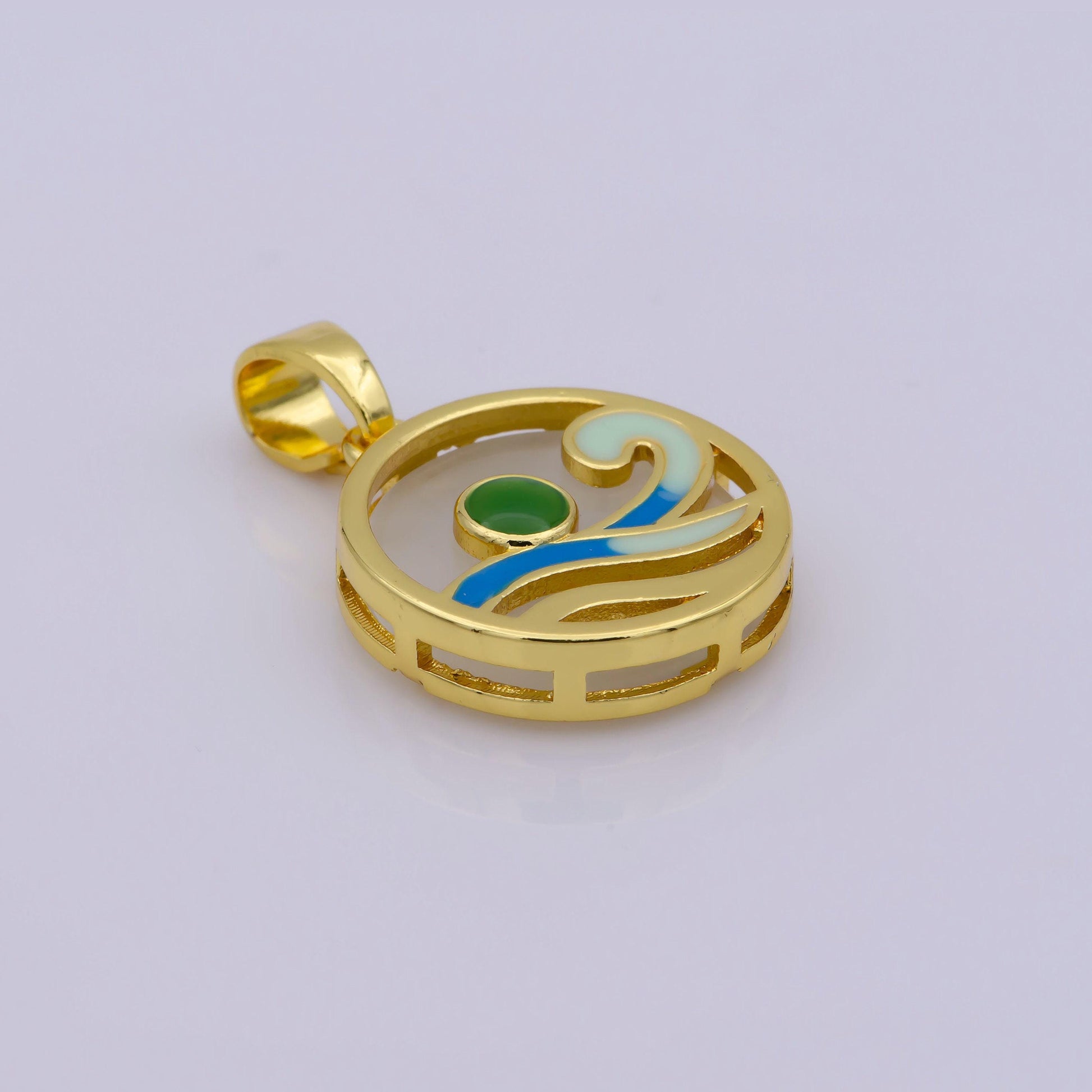 Ocean wave charms, blue enamel wave pendant beach nature charm coin wave jewelry 14k gold fileld supplies