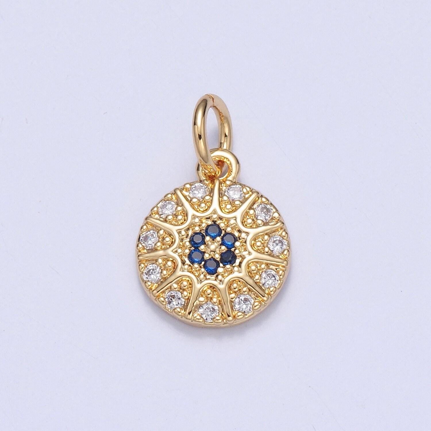 24k gold plated dainty pave circle charm, micro cz pave pendants, blue flower-like center round charm, pave sunburst charm | x-100