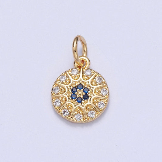 24k gold plated dainty pave circle charm, micro cz pave pendants, blue flower-like center round charm, pave sunburst charm | x-100