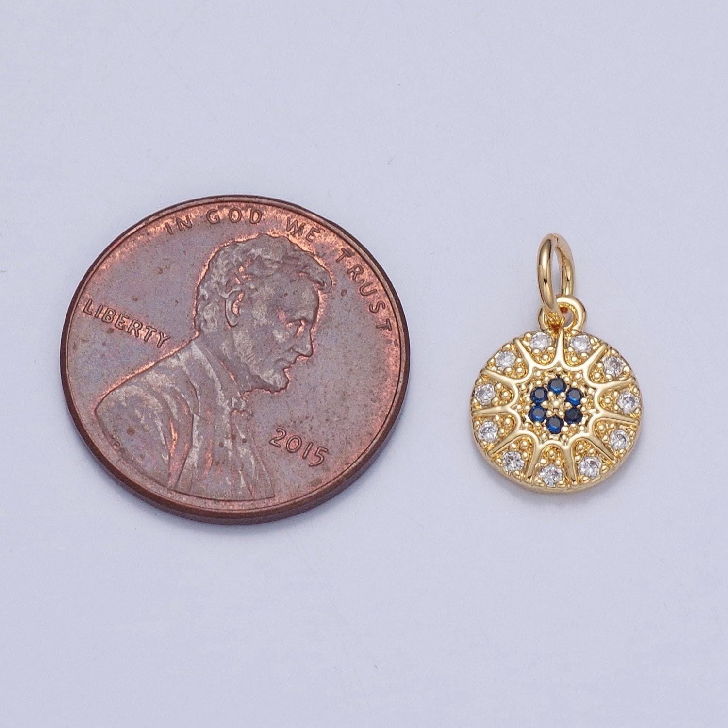 24k gold plated dainty pave circle charm, micro cz pave pendants, blue flower-like center round charm, pave sunburst charm | x-100