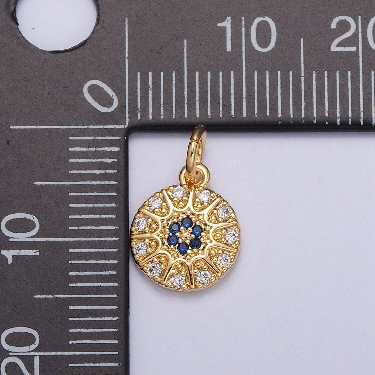 24k gold plated dainty pave circle charm, micro cz pave pendants, blue flower-like center round charm, pave sunburst charm | x-100
