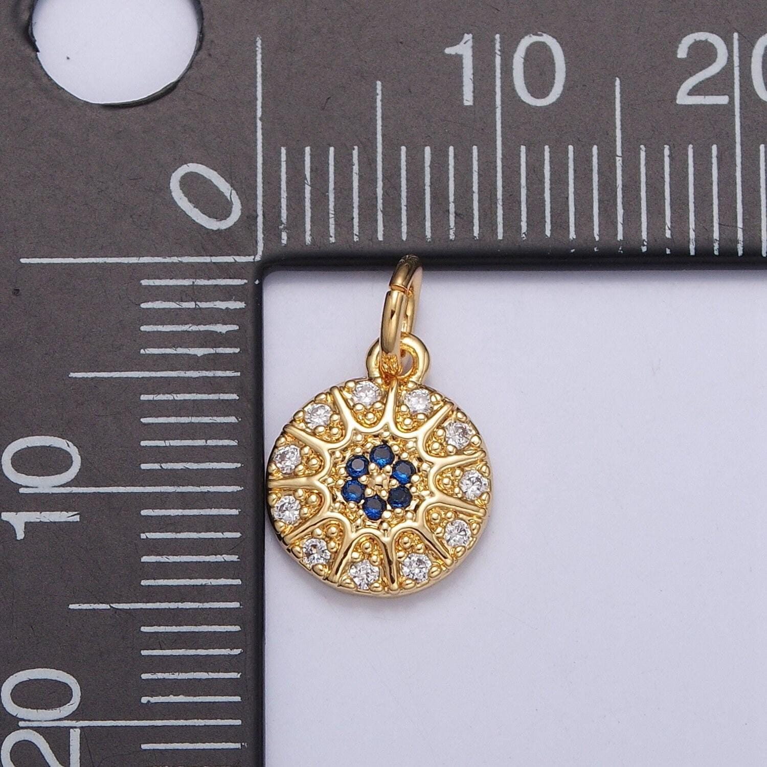 24k gold plated dainty pave circle charm, micro cz pave pendants, blue flower-like center round charm, pave sunburst charm | x-100