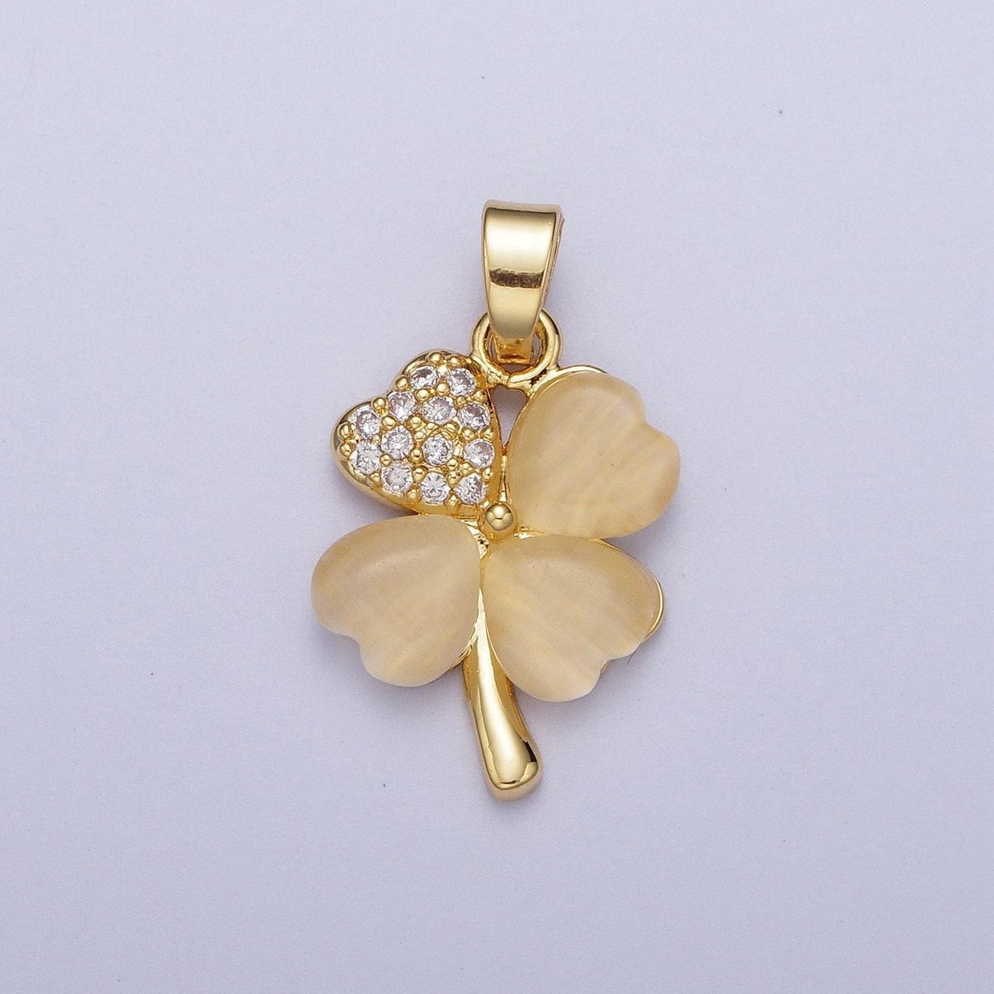 Gold cz jade yellow four-leaf clover pendant, 24k gold plated yellow jade hearts w. clear micro paved cz crystals charm | x-542