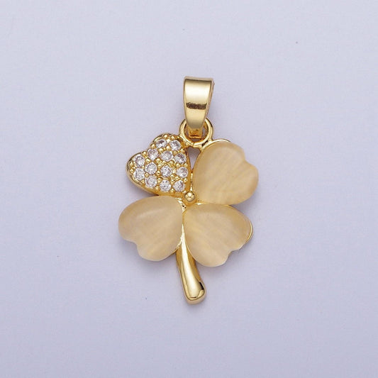 Gold cz jade yellow four-leaf clover pendant, 24k gold plated yellow jade hearts w. clear micro paved cz crystals charm | x-542