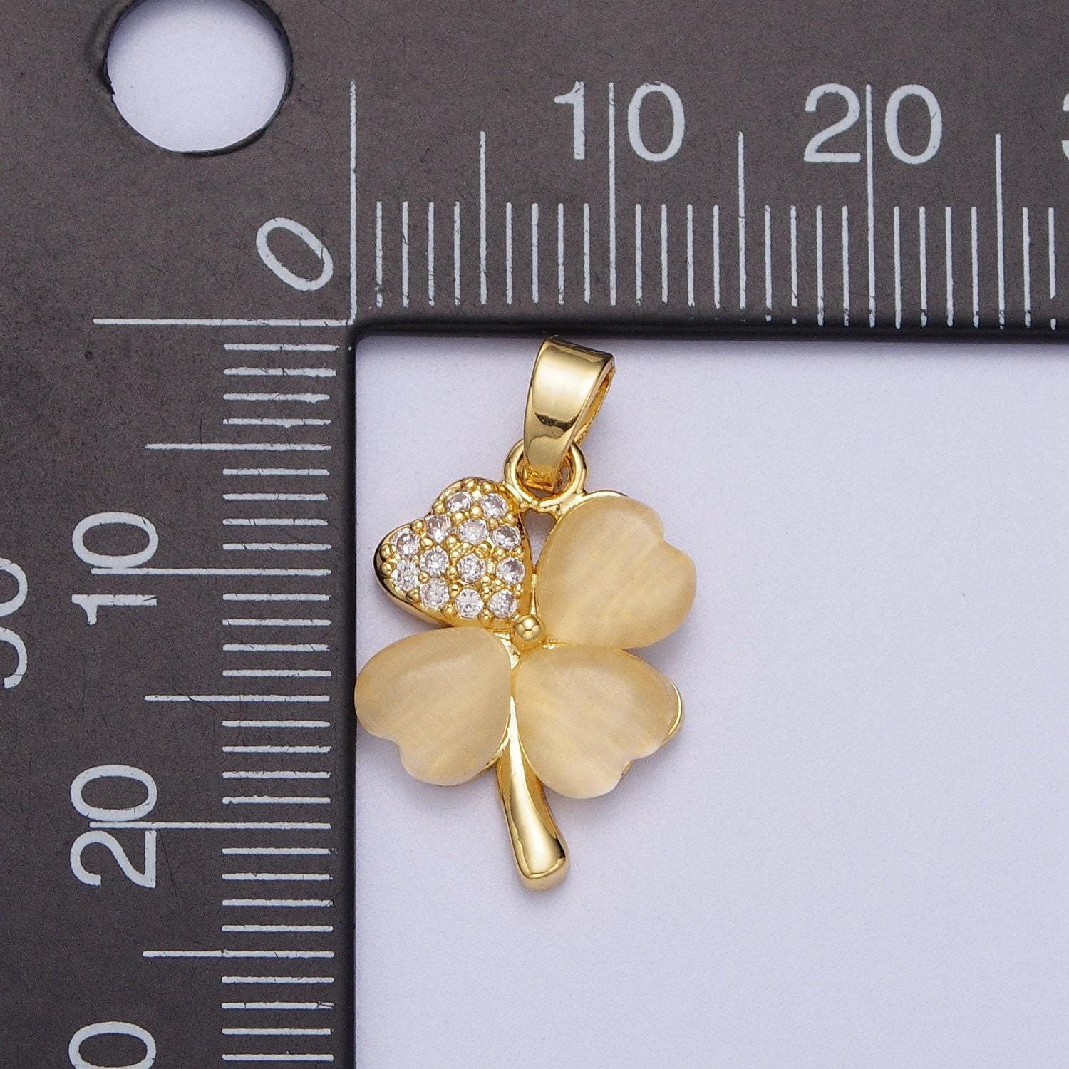 Gold cz jade yellow four-leaf clover pendant, 24k gold plated yellow jade hearts w. clear micro paved cz crystals charm | x-542