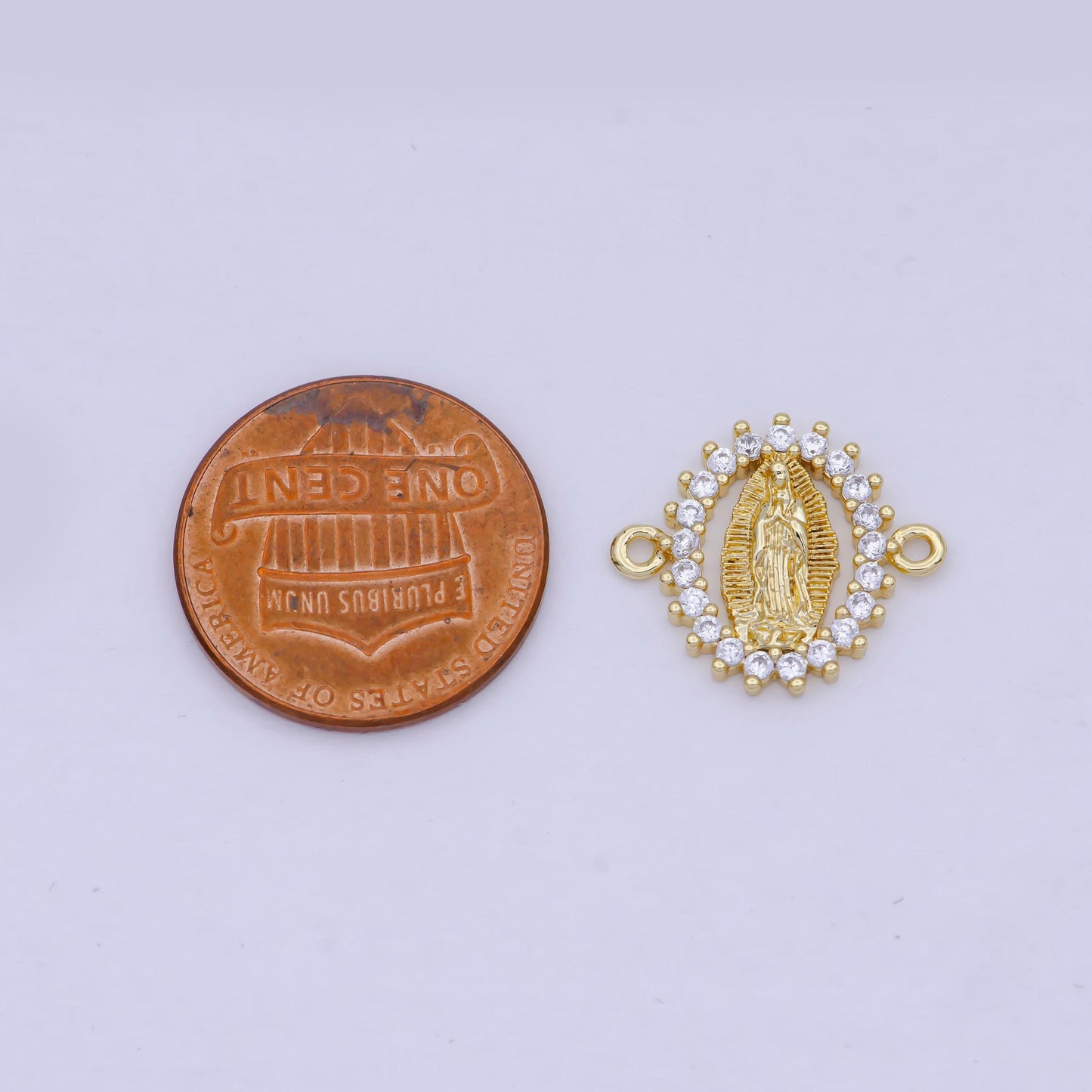 Gold oval virgin mary charm connector, 24k gold filled clear micro pave cz oval lady of guadalupe religious medallion link connector | g-911