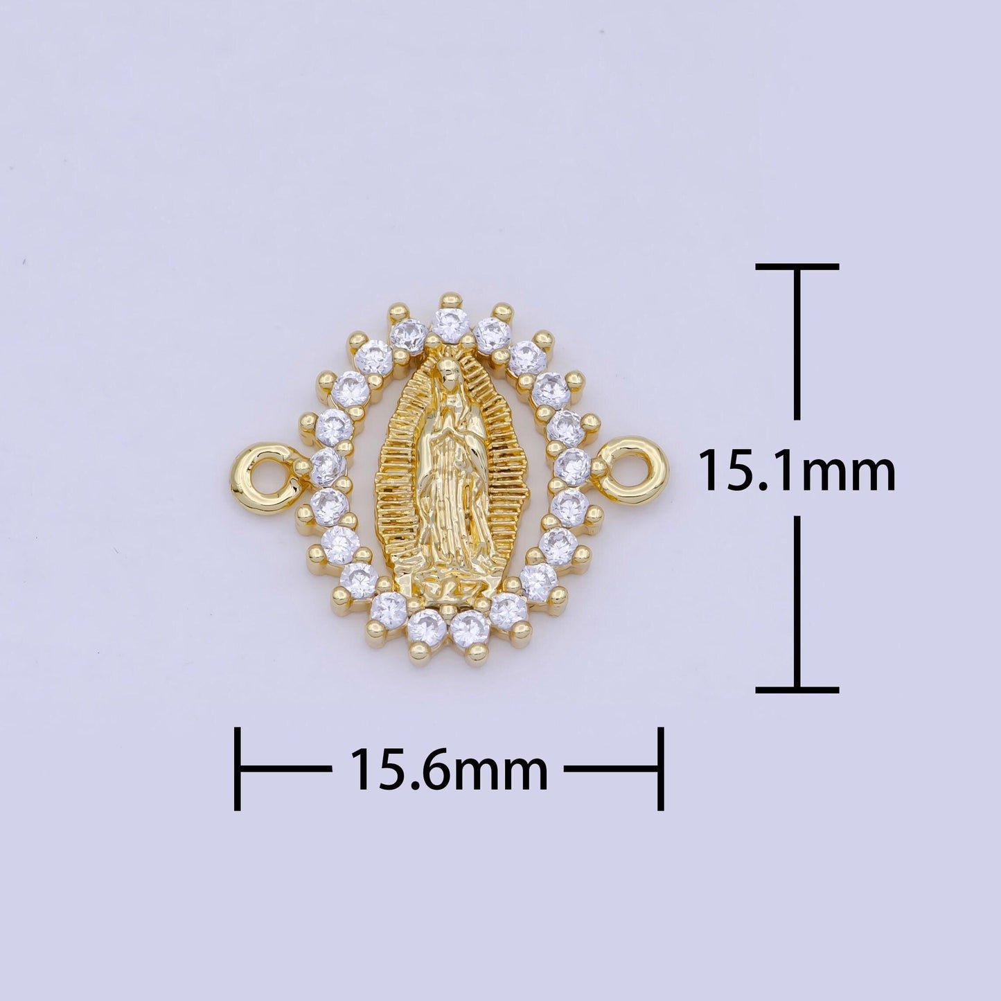 Gold oval virgin mary charm connector, 24k gold filled clear micro pave cz oval lady of guadalupe religious medallion link connector | g-911