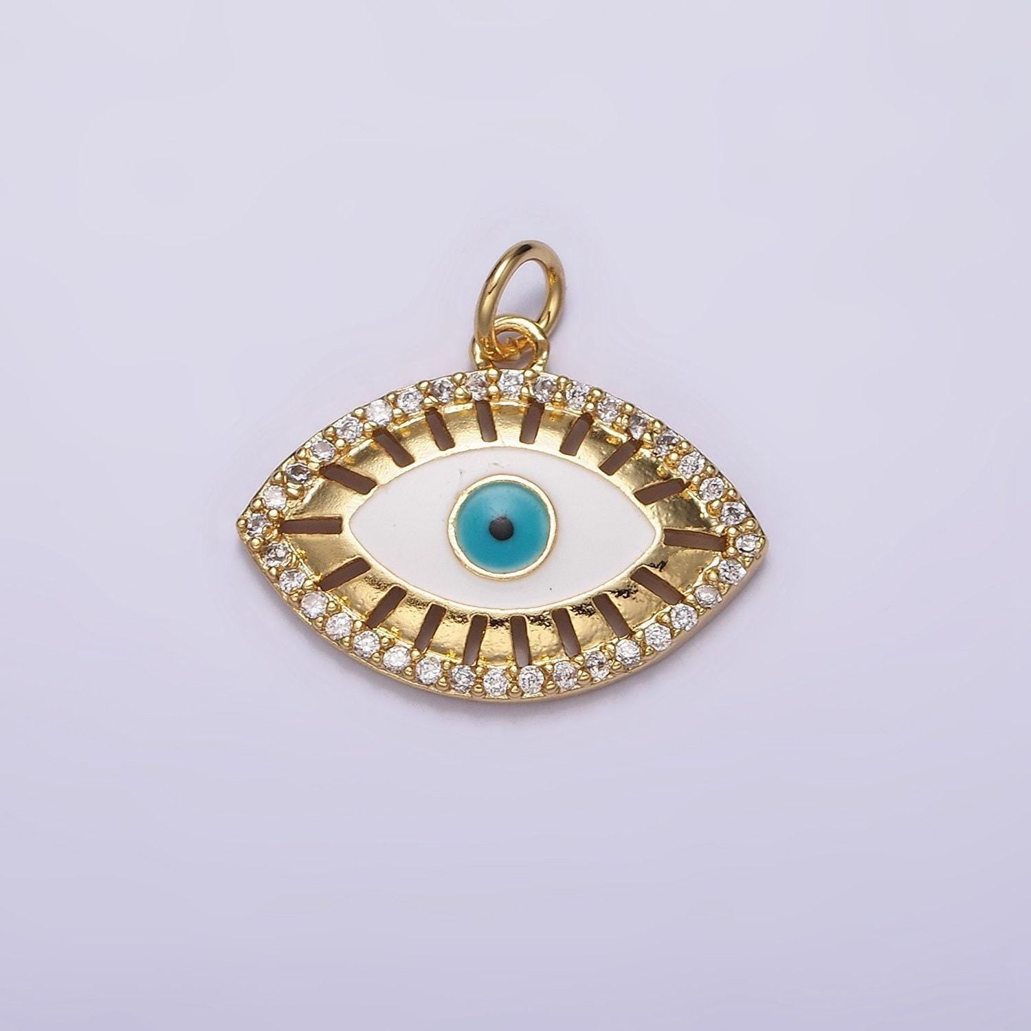 16k gold filled teal blue evil eye open bar micro paved cz charm | ac1421