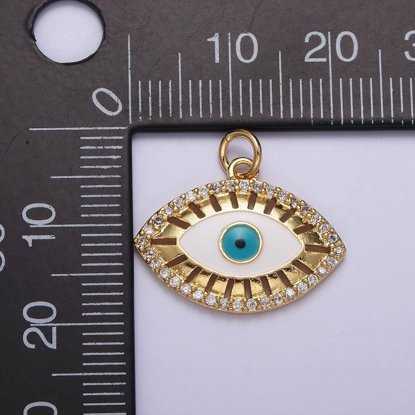 16k gold filled teal blue evil eye open bar micro paved cz charm | ac1421