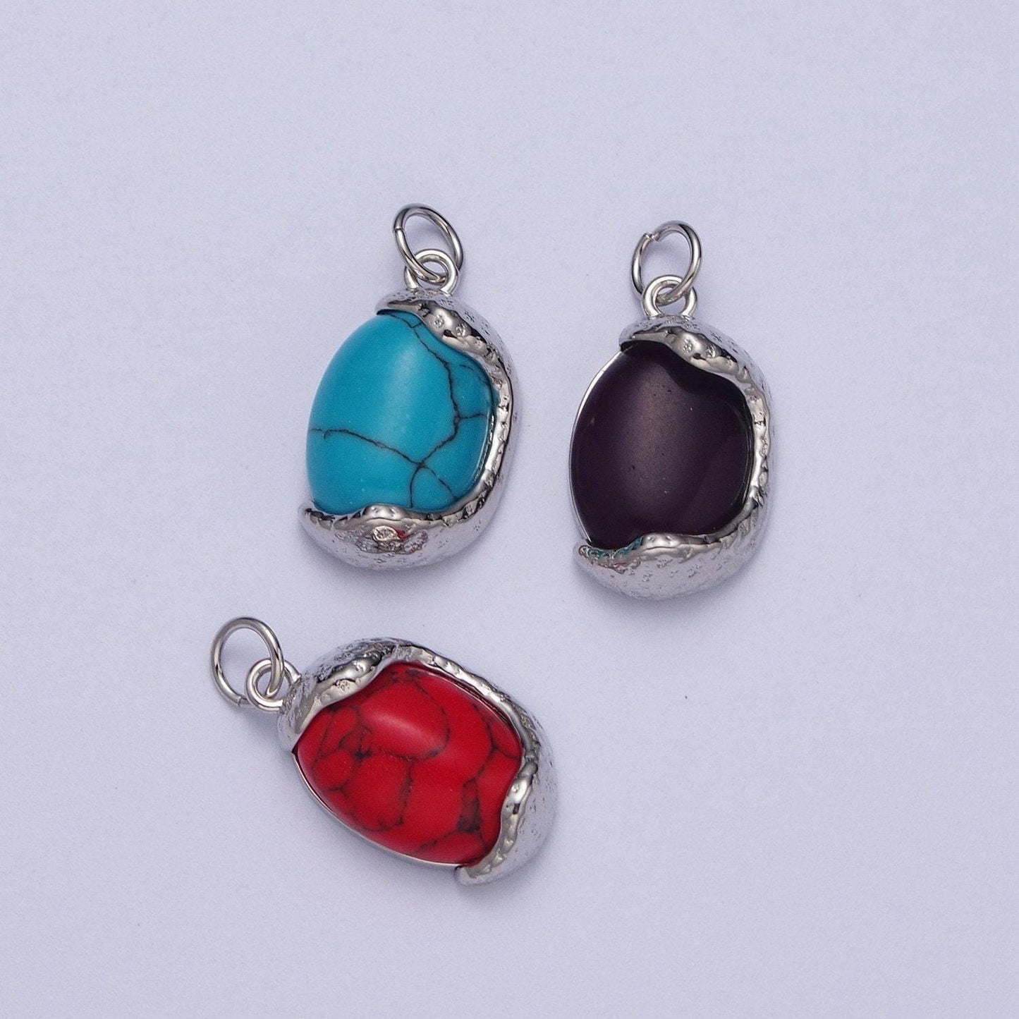 Red magnesite, purple cabochon cat's eye, turquoise cabochon gemstones, 24k gold plated & silver white gold filled egg gemstone pendants