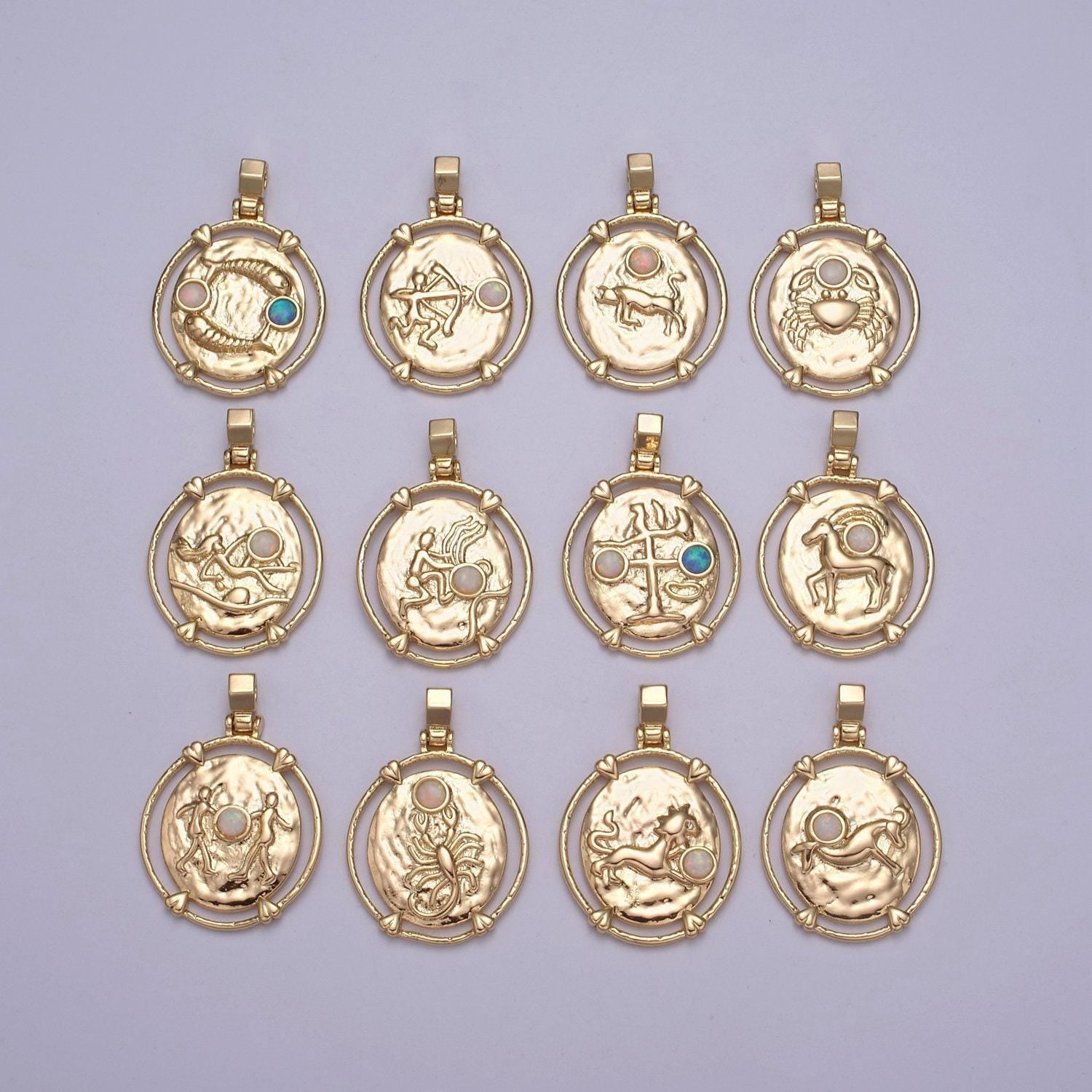 New dainty gold filled opal zodiac pendant horoscope medallion charm astrology sign for necklace bracelet earring supply