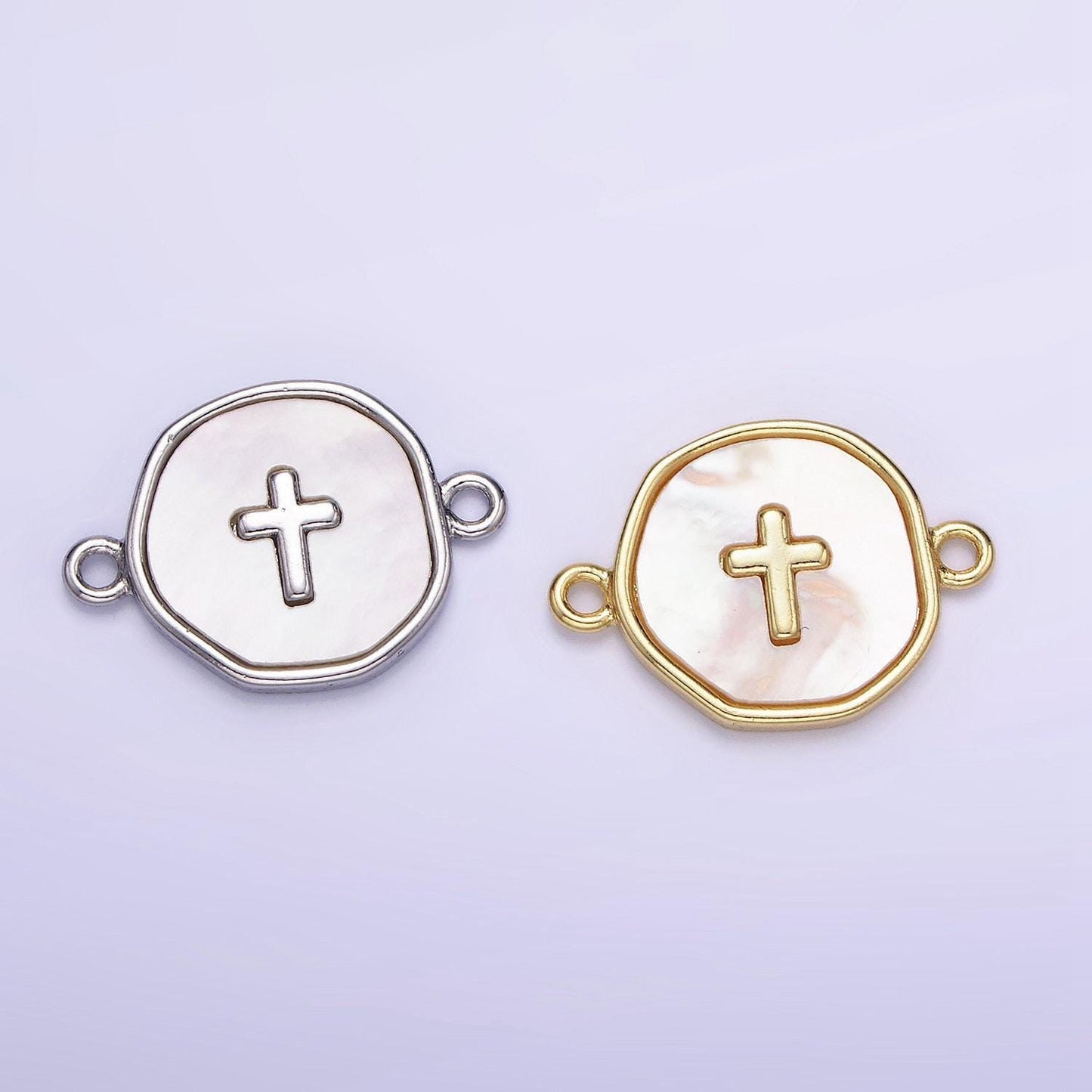 14k gold filled round coin cross charm connector shell pearl link connector | g-287