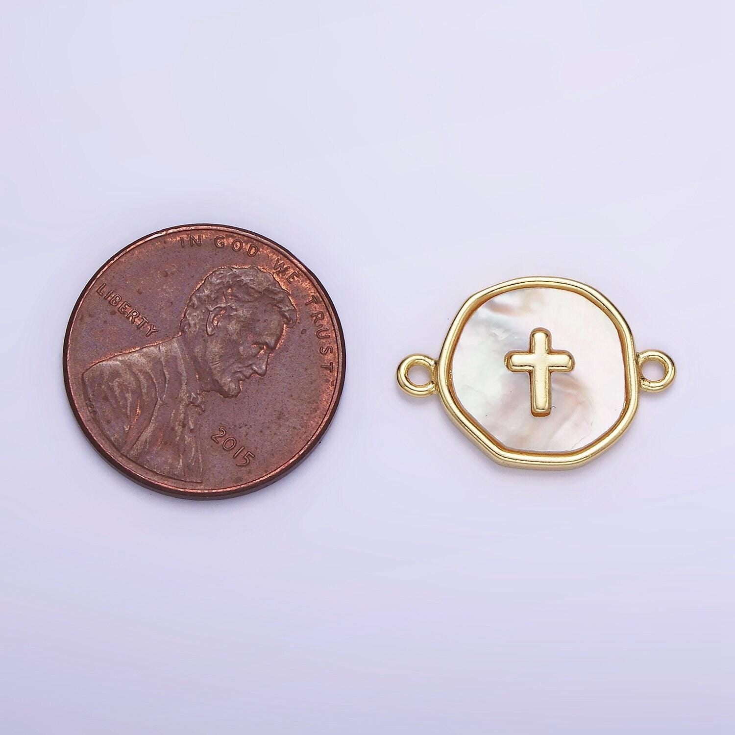 14k gold filled round coin cross charm connector shell pearl link connector | g-287
