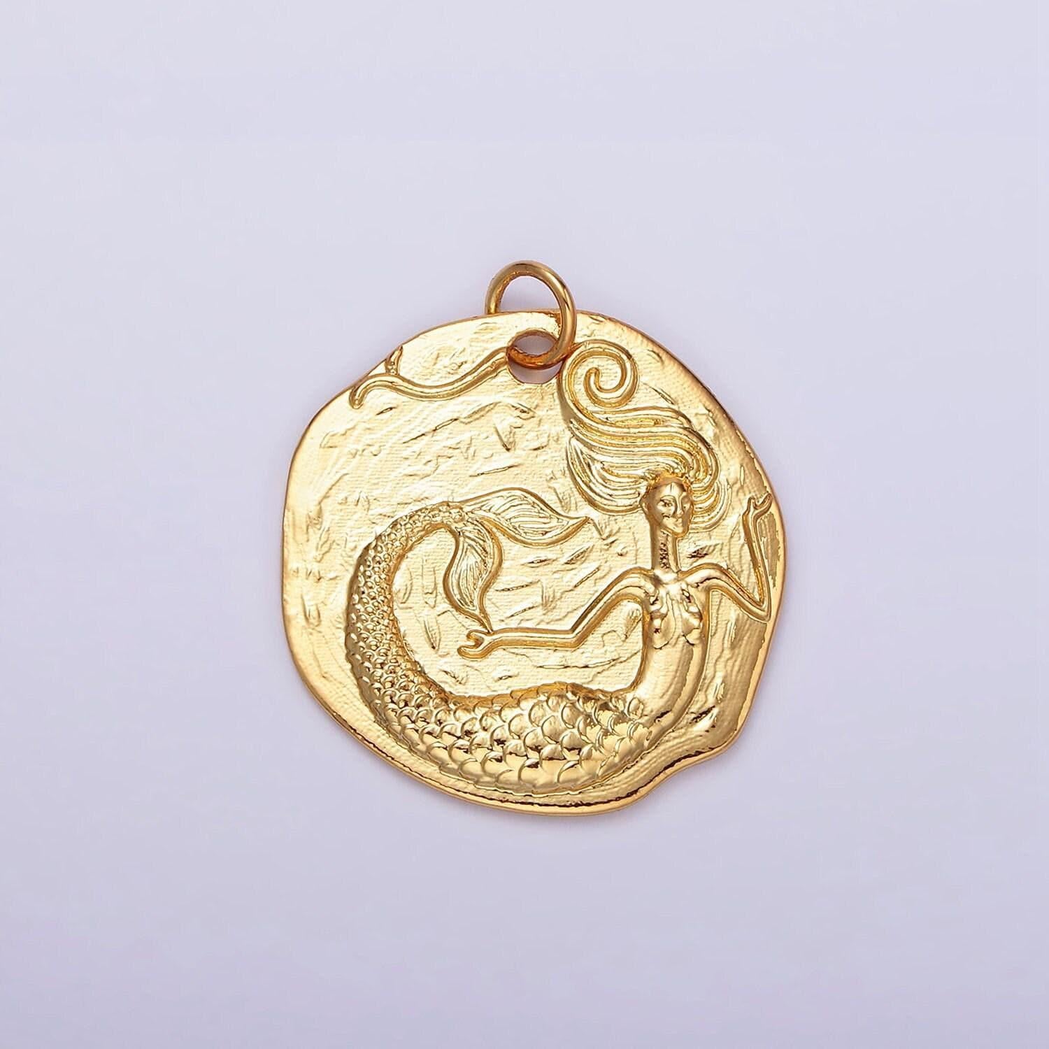 14k gold filled ocean mermaid textured round coin charm in gold & silver | n1161 n1162