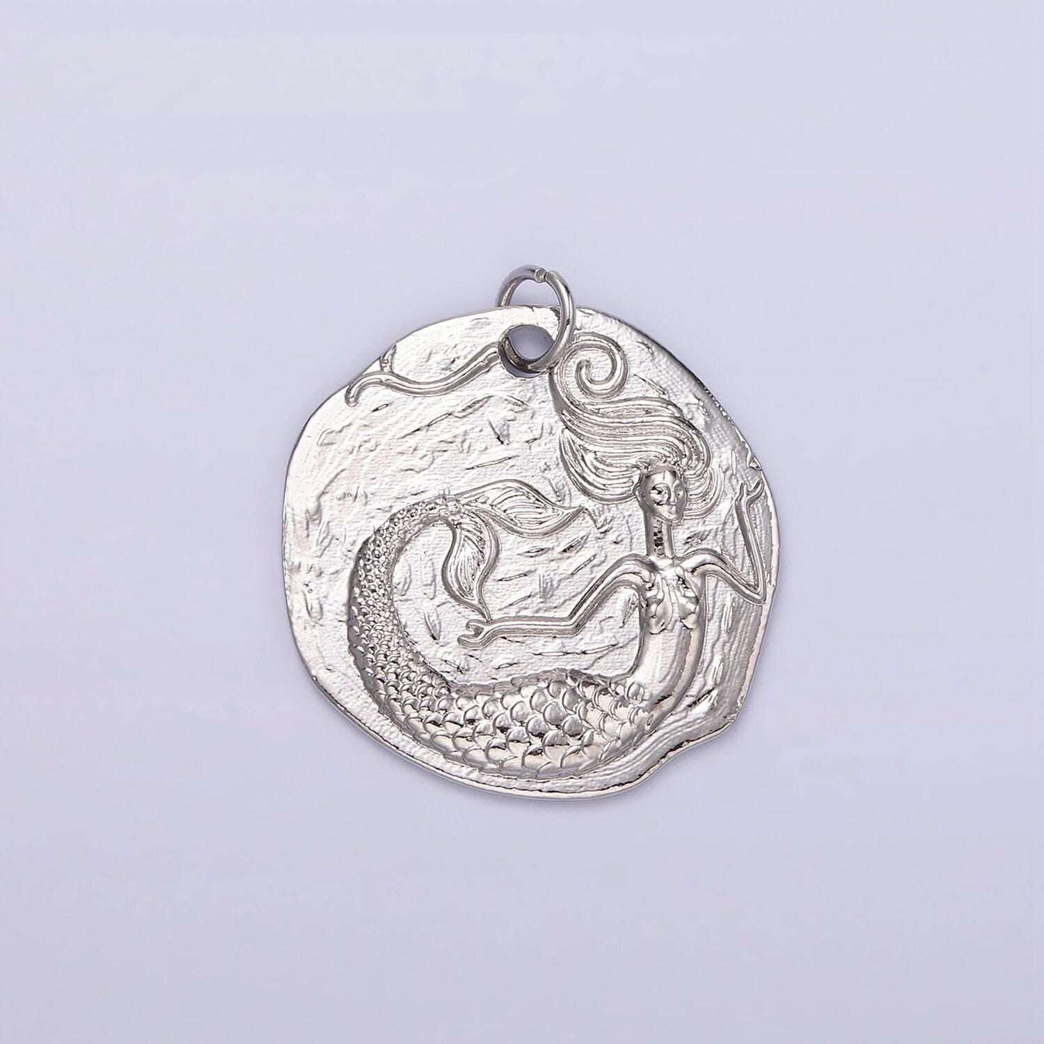 14k gold filled ocean mermaid textured round coin charm in gold & silver | n1161 n1162