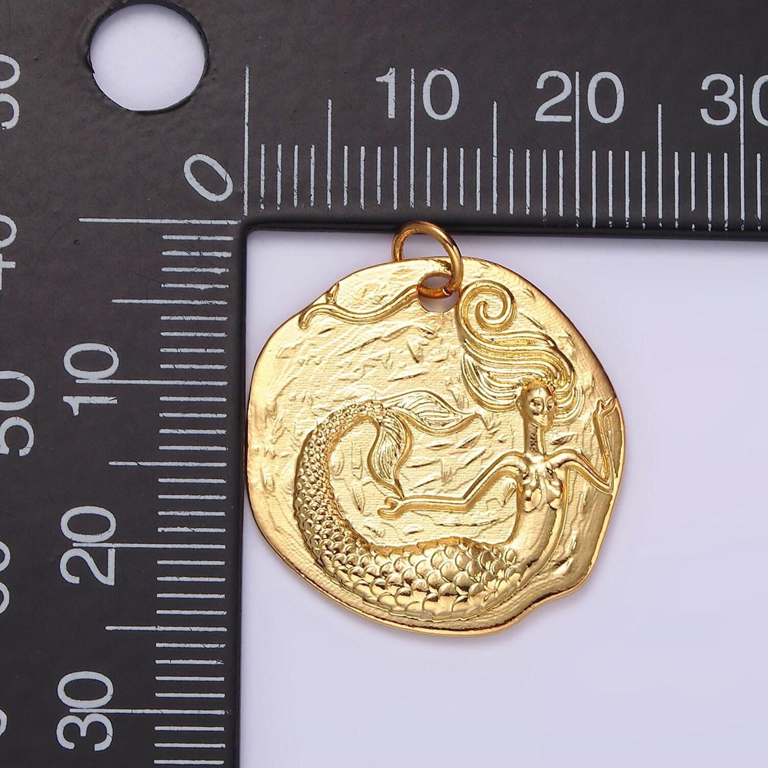14k gold filled ocean mermaid textured round coin charm in gold & silver | n1161 n1162