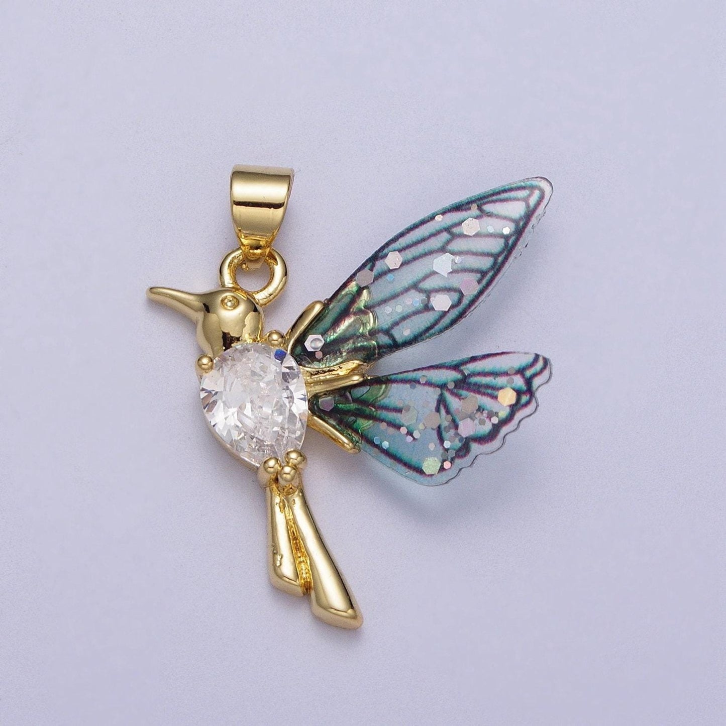 Gold cz blue & fuchsia humming bird pendant, 24k gold plated micro paved cz resin beautiful sparkly fairy charm | i152, i094