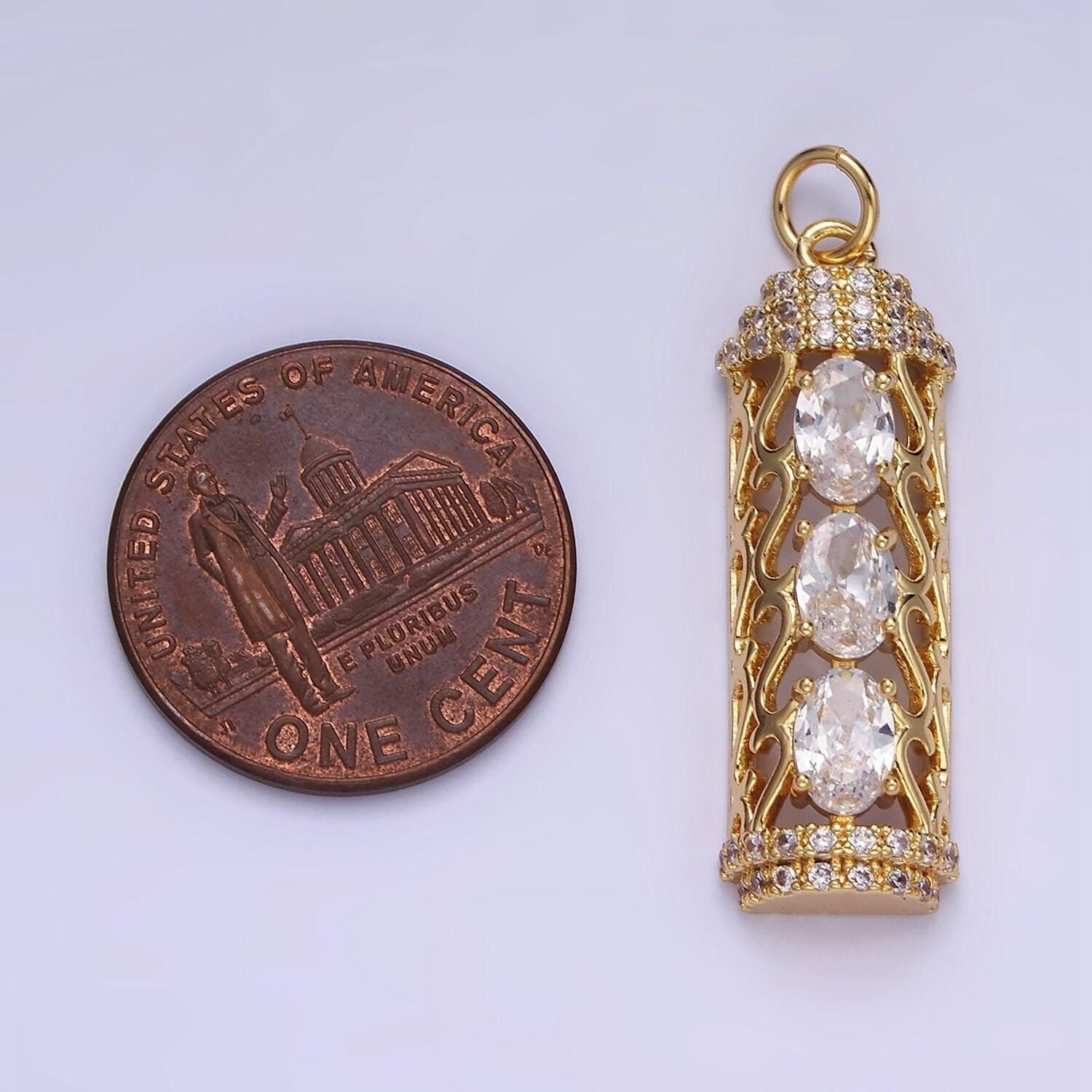 14k gold filled triple oval cz open filigree micro paved tube charm | ag620