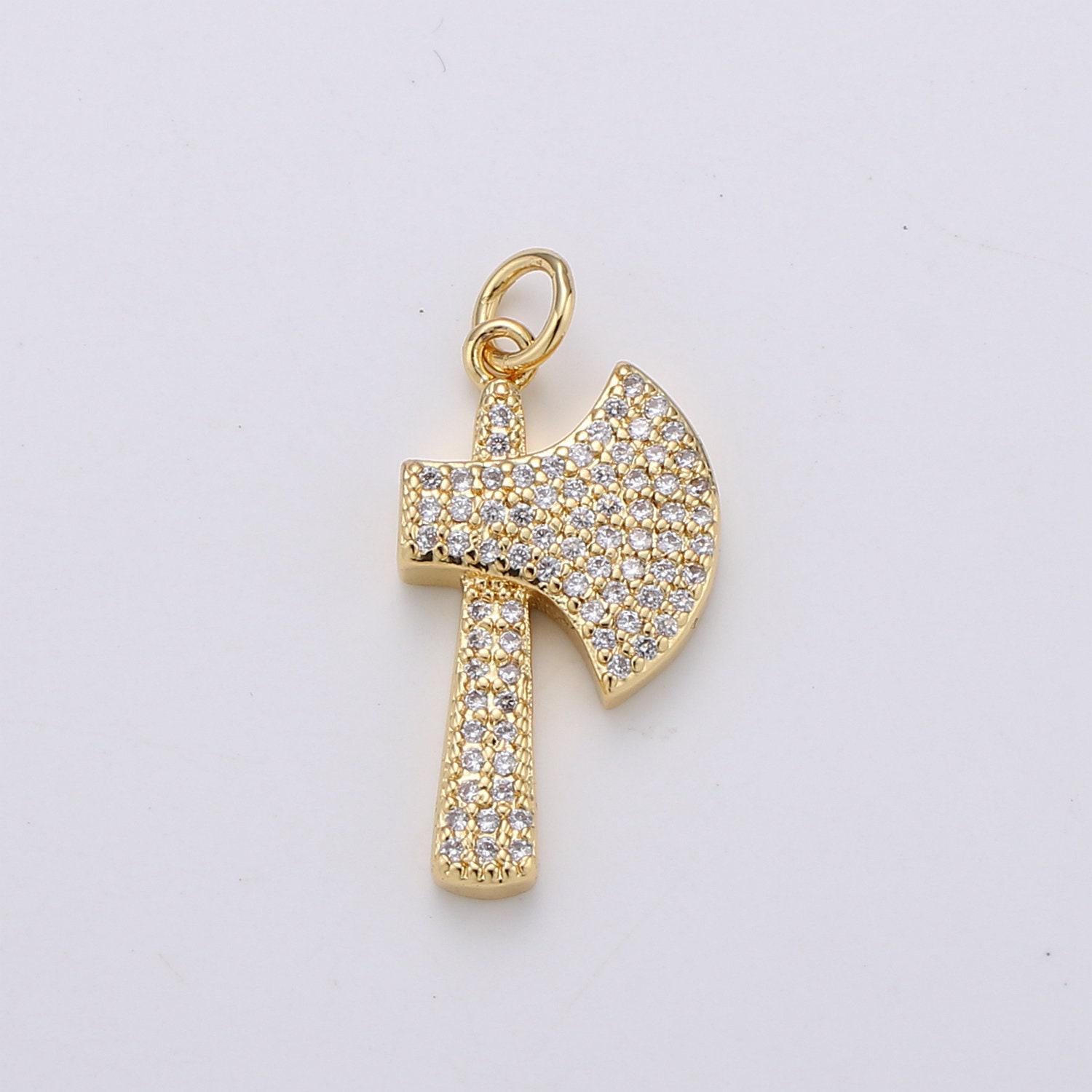 1pc 24k gold micro pave axe charm, cubic zirconia viking axe pendant charm lumber jack inspired for diy jewelry