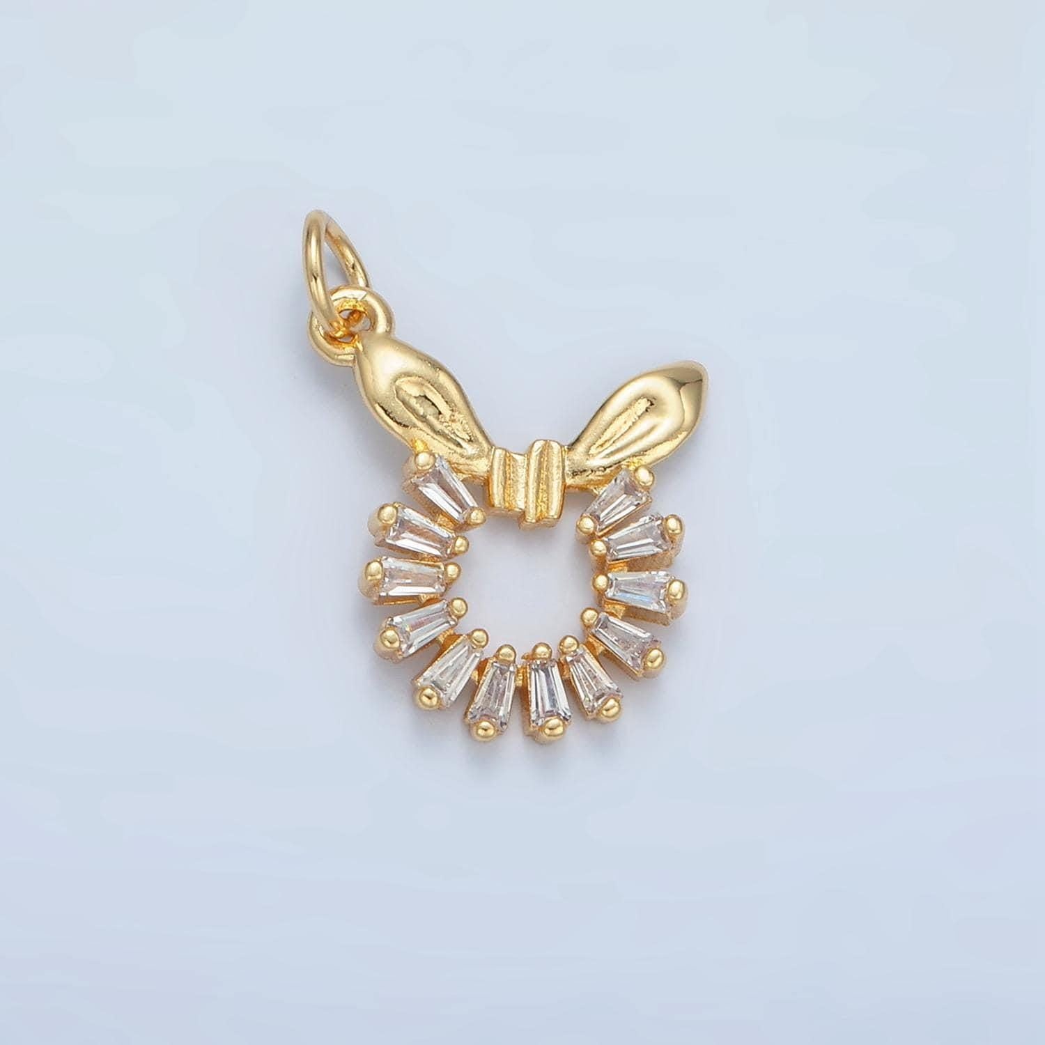 Clear baguette cz open round charm with bow ribbon gold filled charm | m-048