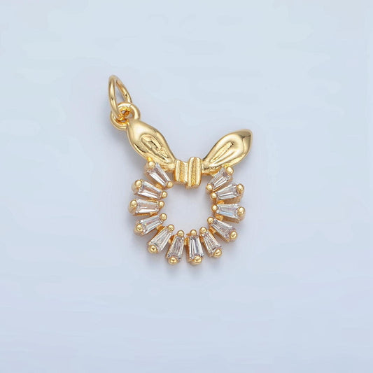 Clear baguette cz open round charm with bow ribbon gold filled charm | m-048
