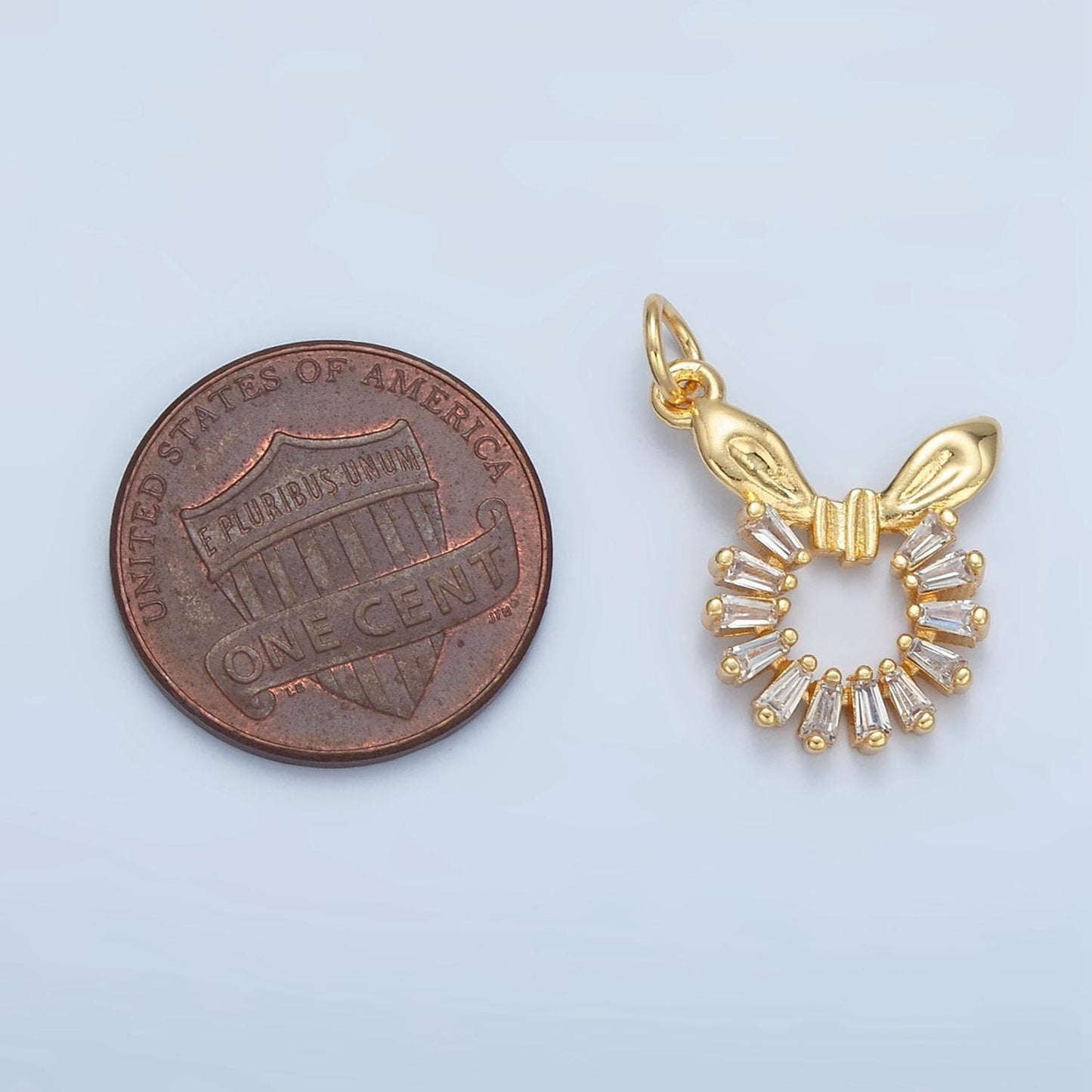Clear baguette cz open round charm with bow ribbon gold filled charm | m-048