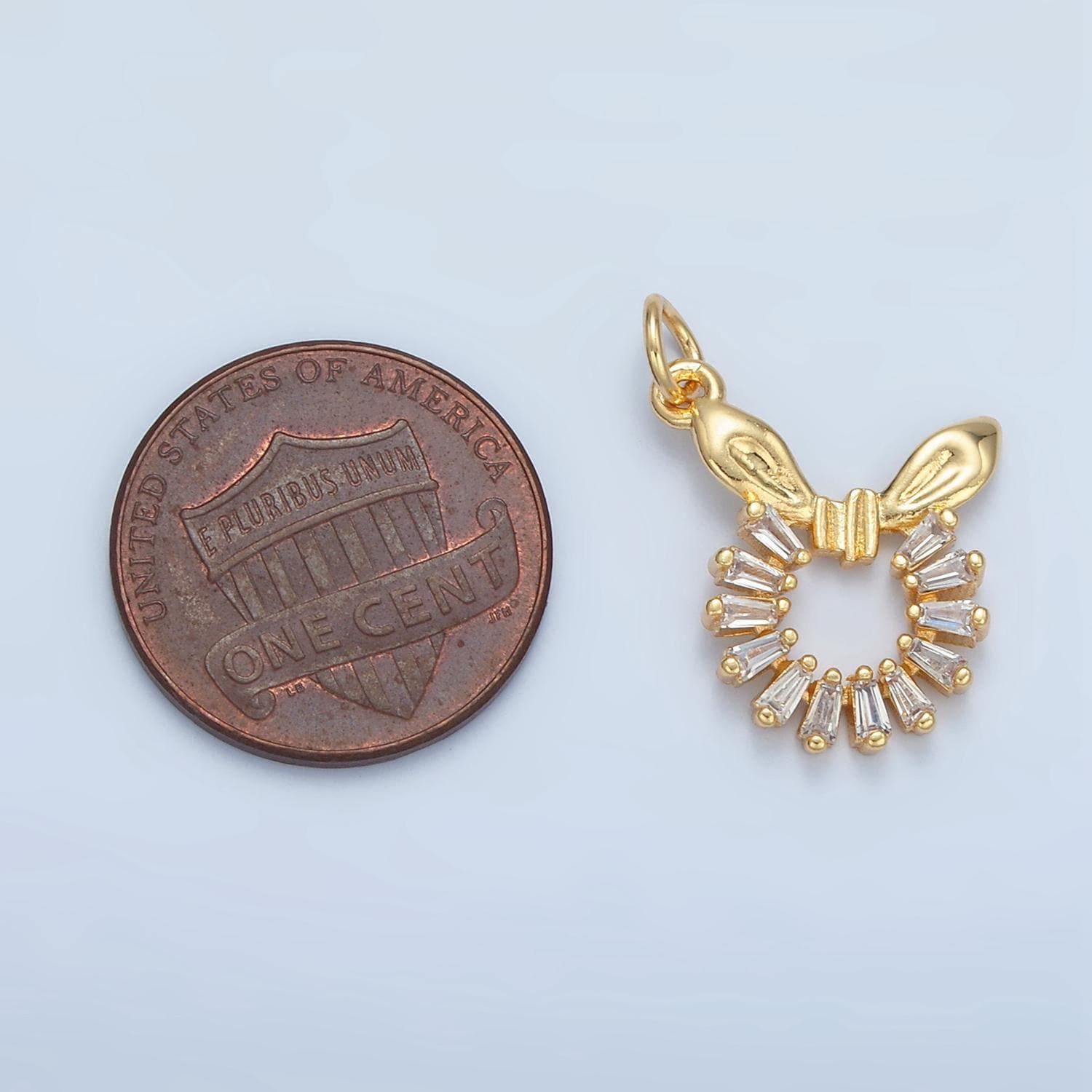 Clear baguette cz open round charm with bow ribbon gold filled charm | m-048