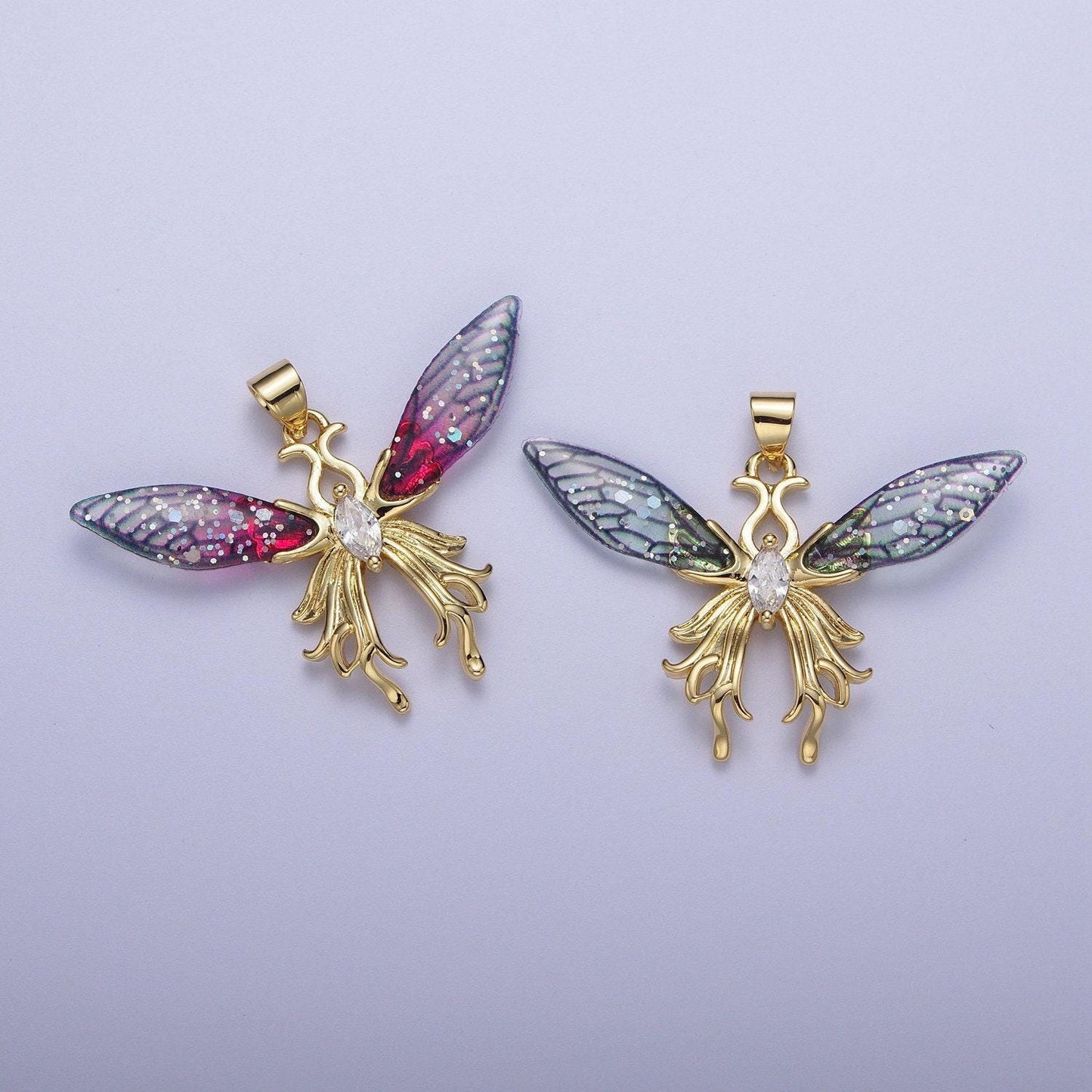 Gold cz blue & fuchsia fairy wings pendant, 24k gold filled micro paved marquise cut cz resin beautiful sparkly fairy charm | h-541, h-529