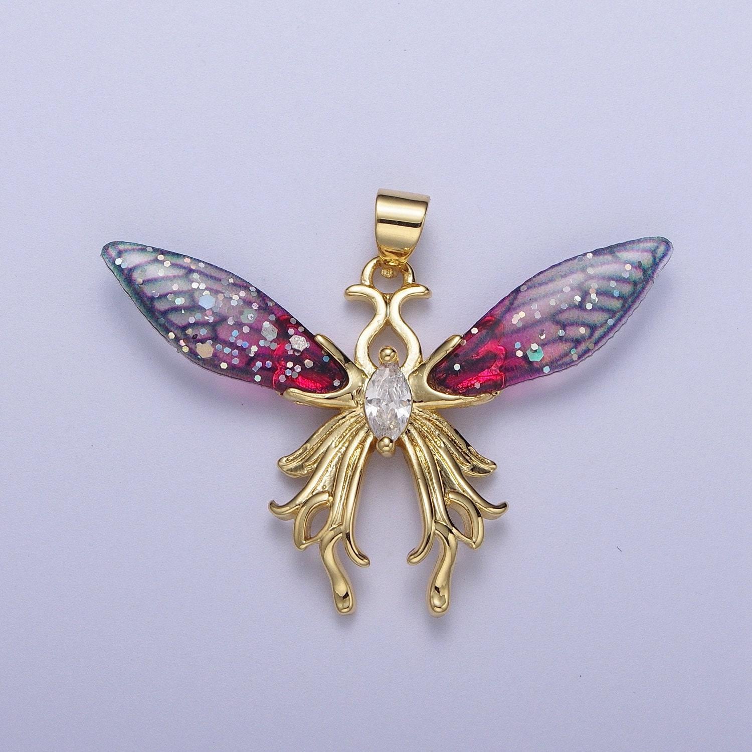 Gold cz blue & fuchsia fairy wings pendant, 24k gold filled micro paved marquise cut cz resin beautiful sparkly fairy charm | h-541, h-529