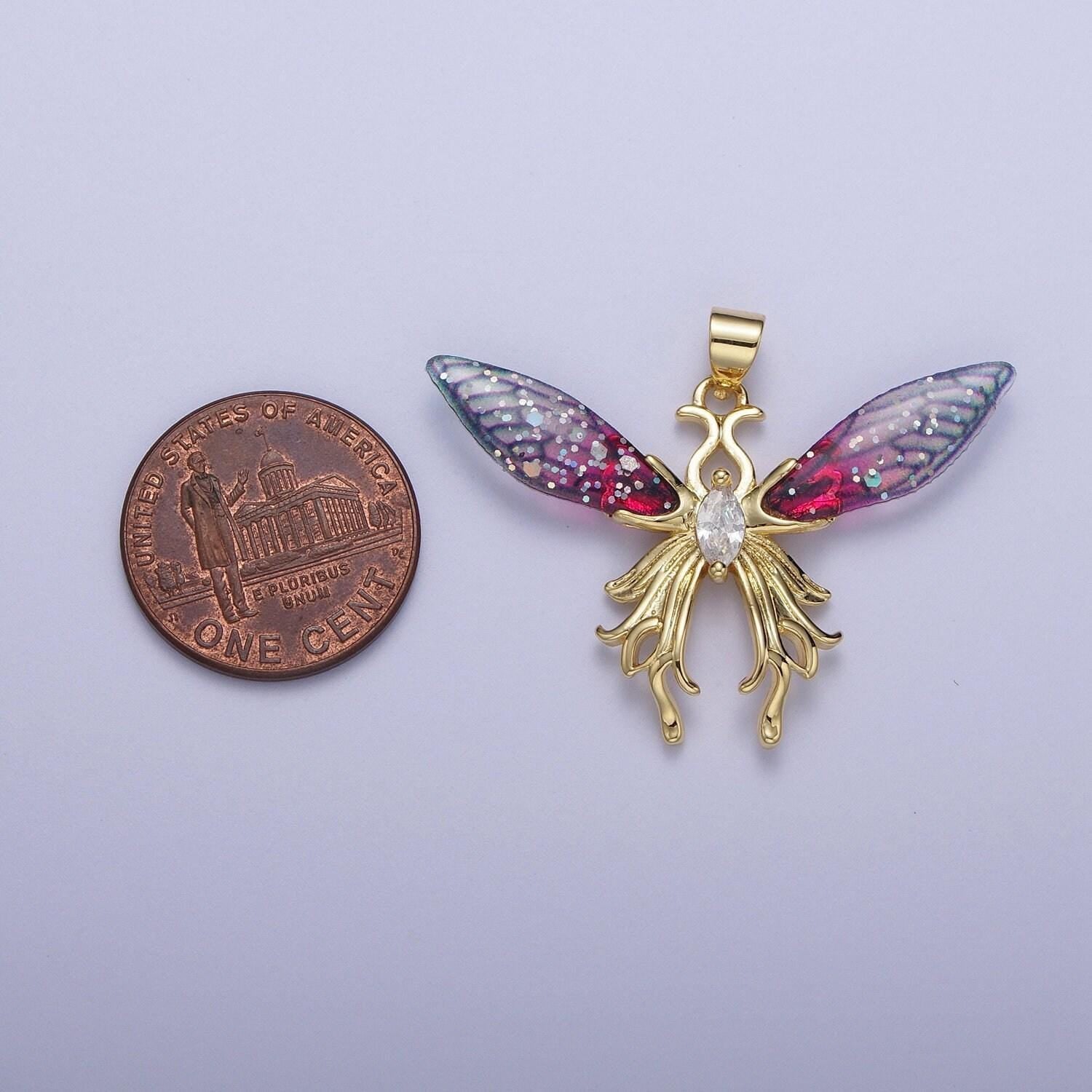 Gold cz blue & fuchsia fairy wings pendant, 24k gold filled micro paved marquise cut cz resin beautiful sparkly fairy charm | h-541, h-529