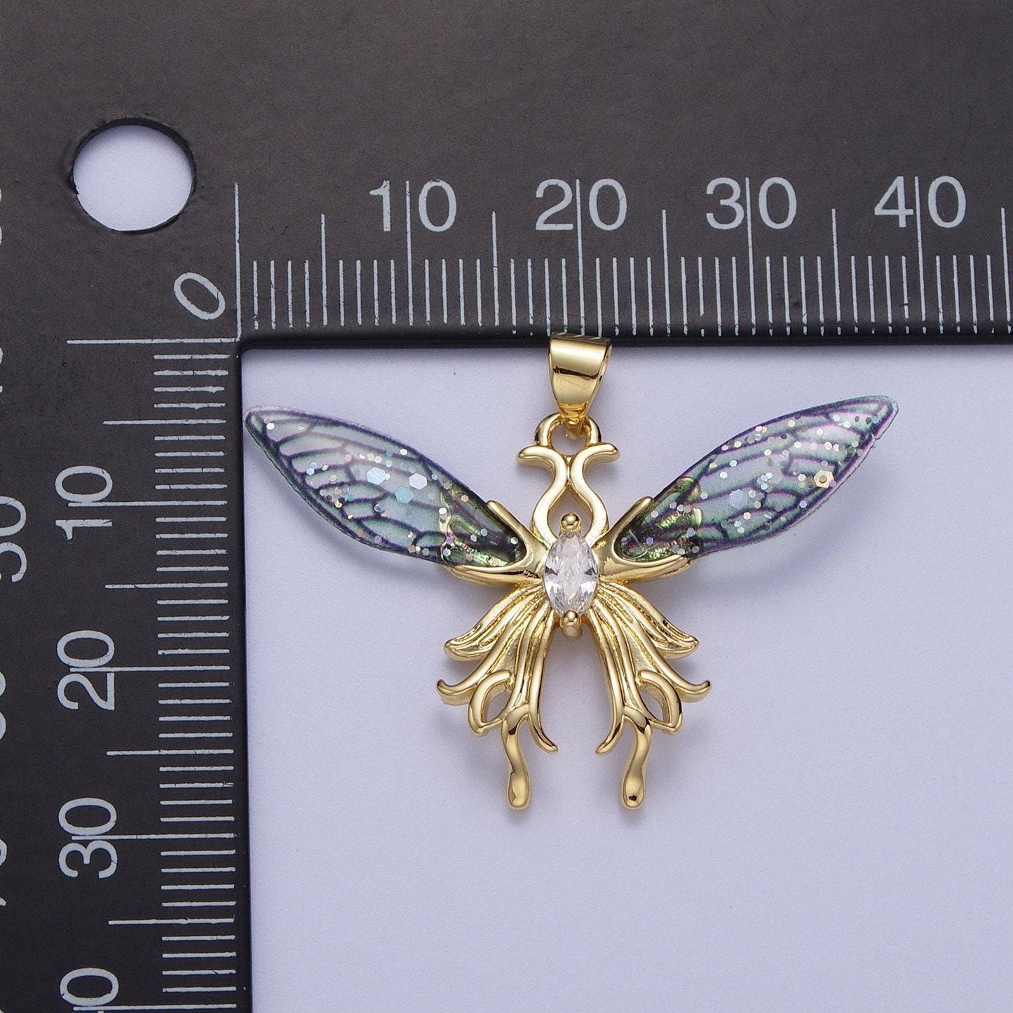 Gold cz blue & fuchsia fairy wings pendant, 24k gold filled micro paved marquise cut cz resin beautiful sparkly fairy charm | h-541, h-529