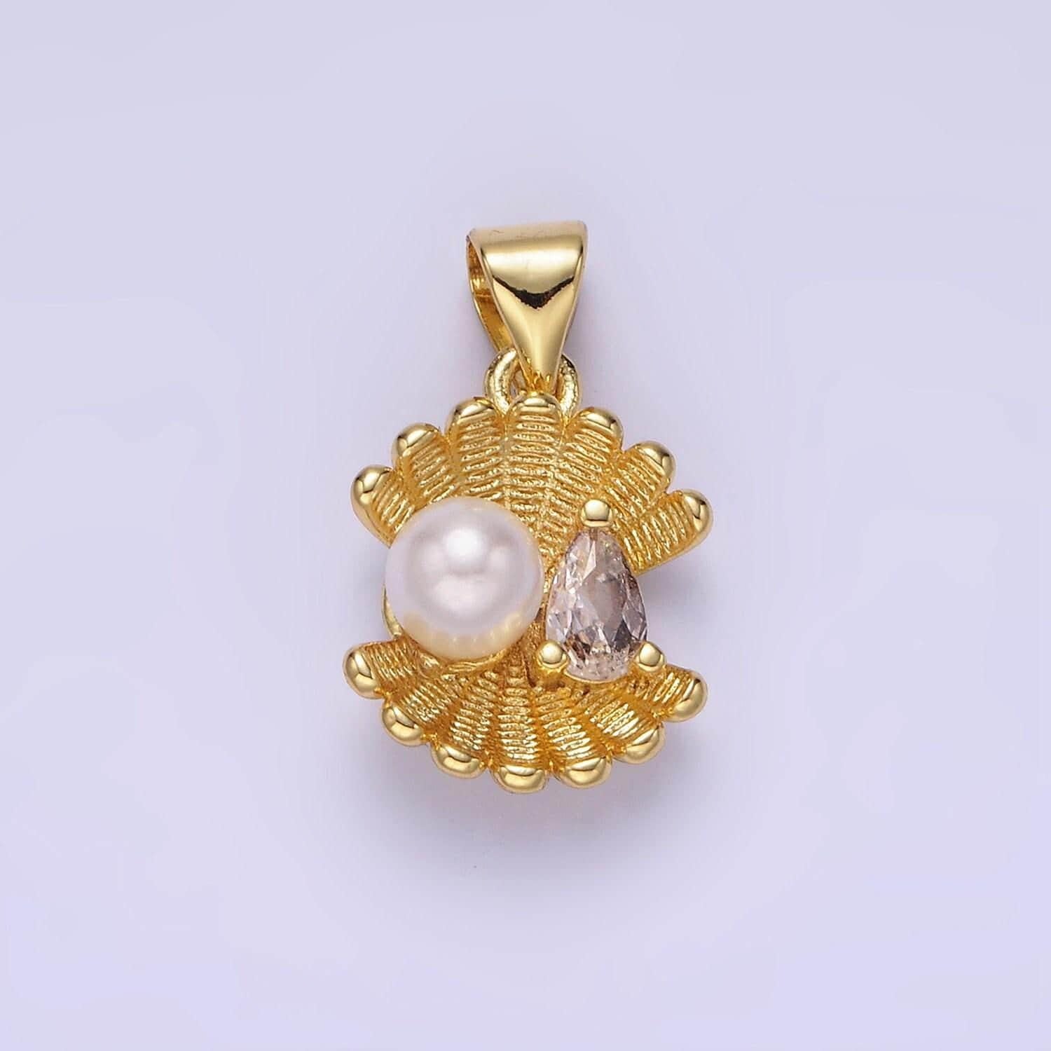 14k gold filled pearl clear cz teardrop line-textured clam sea shell pendant | aa-1147