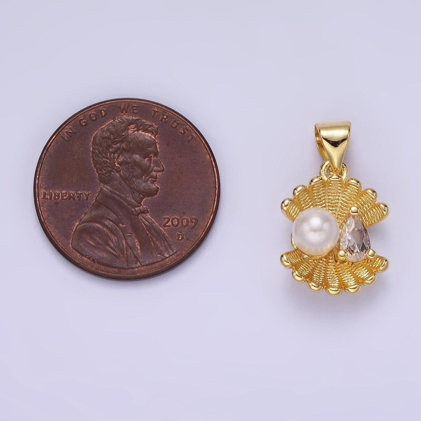14k gold filled pearl clear cz teardrop line-textured clam sea shell pendant | aa-1147