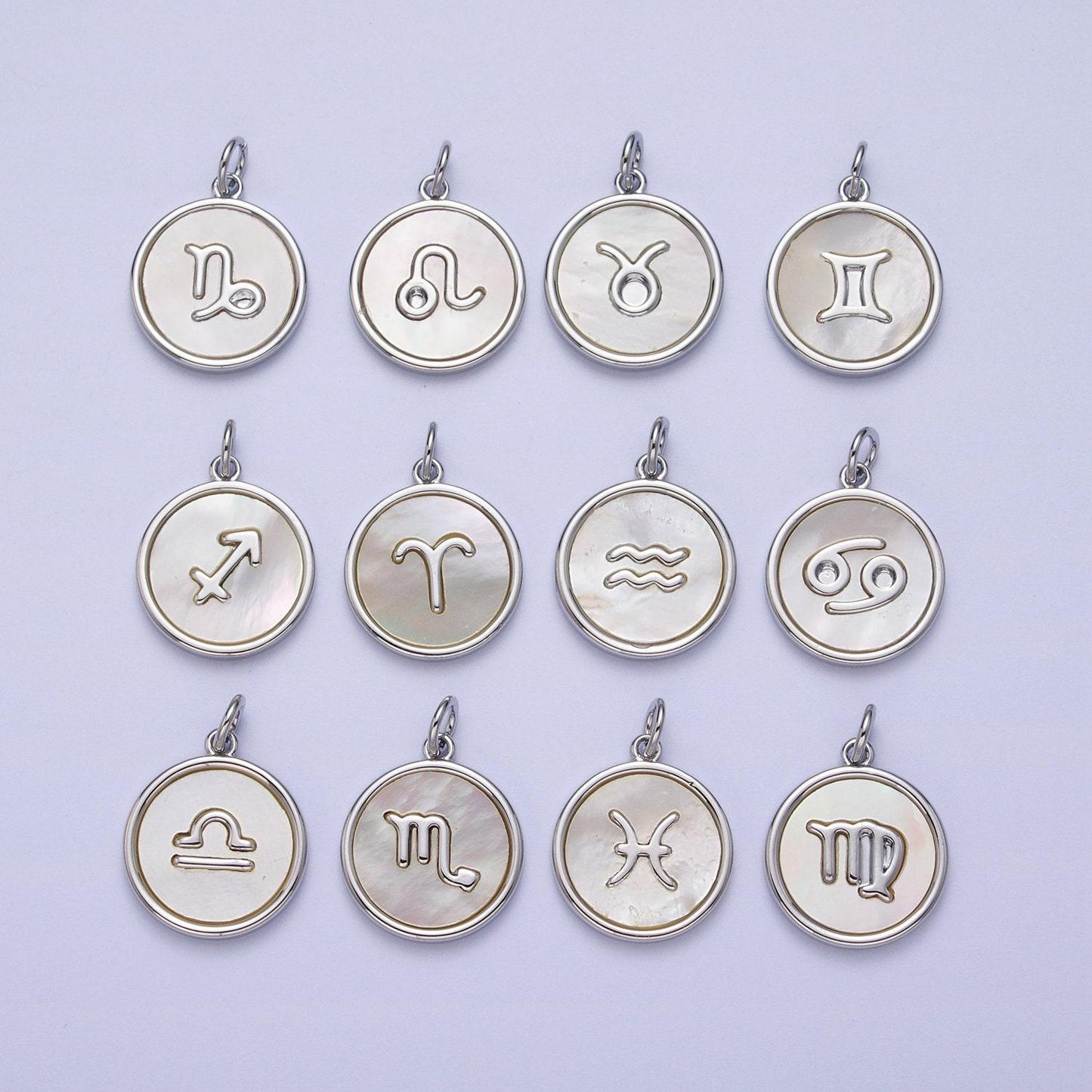 Shell pearl silver zodiac signs medallion pendant white gold fill astrology birthday month horoscope mother of pearl round coin charm a1731