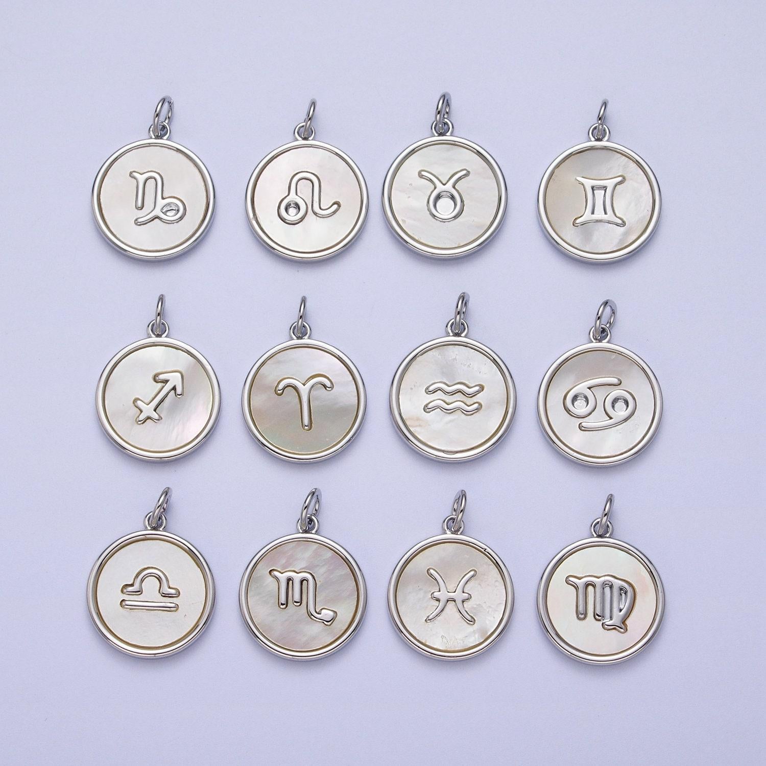 Shell pearl silver zodiac signs medallion pendant white gold fill astrology birthday month horoscope mother of pearl round coin charm a1731