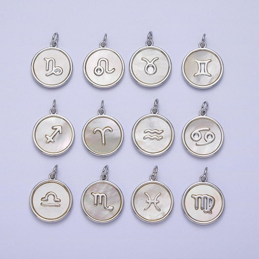 Shell pearl silver zodiac signs medallion pendant white gold fill astrology birthday month horoscope mother of pearl round coin charm a1731