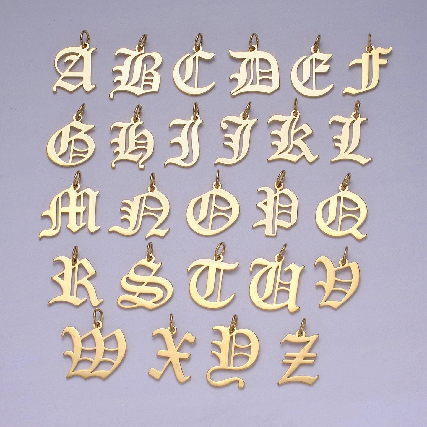 Gold filled charm personalized gothic initial letter charm necklace old english font style, delicate initial necklace for women men