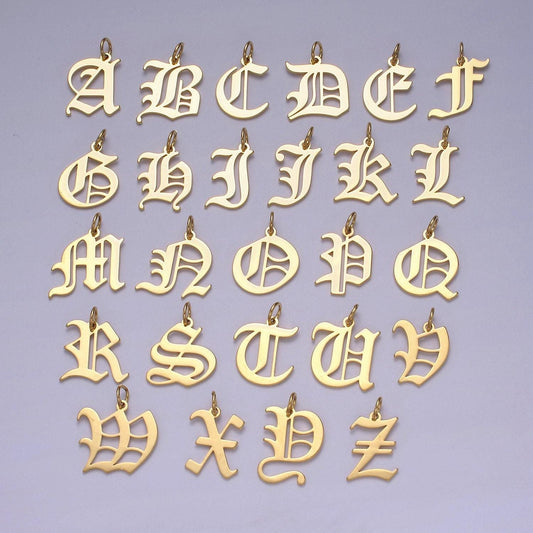 Gold filled charm personalized gothic initial letter charm necklace old english font style, delicate initial necklace for women men