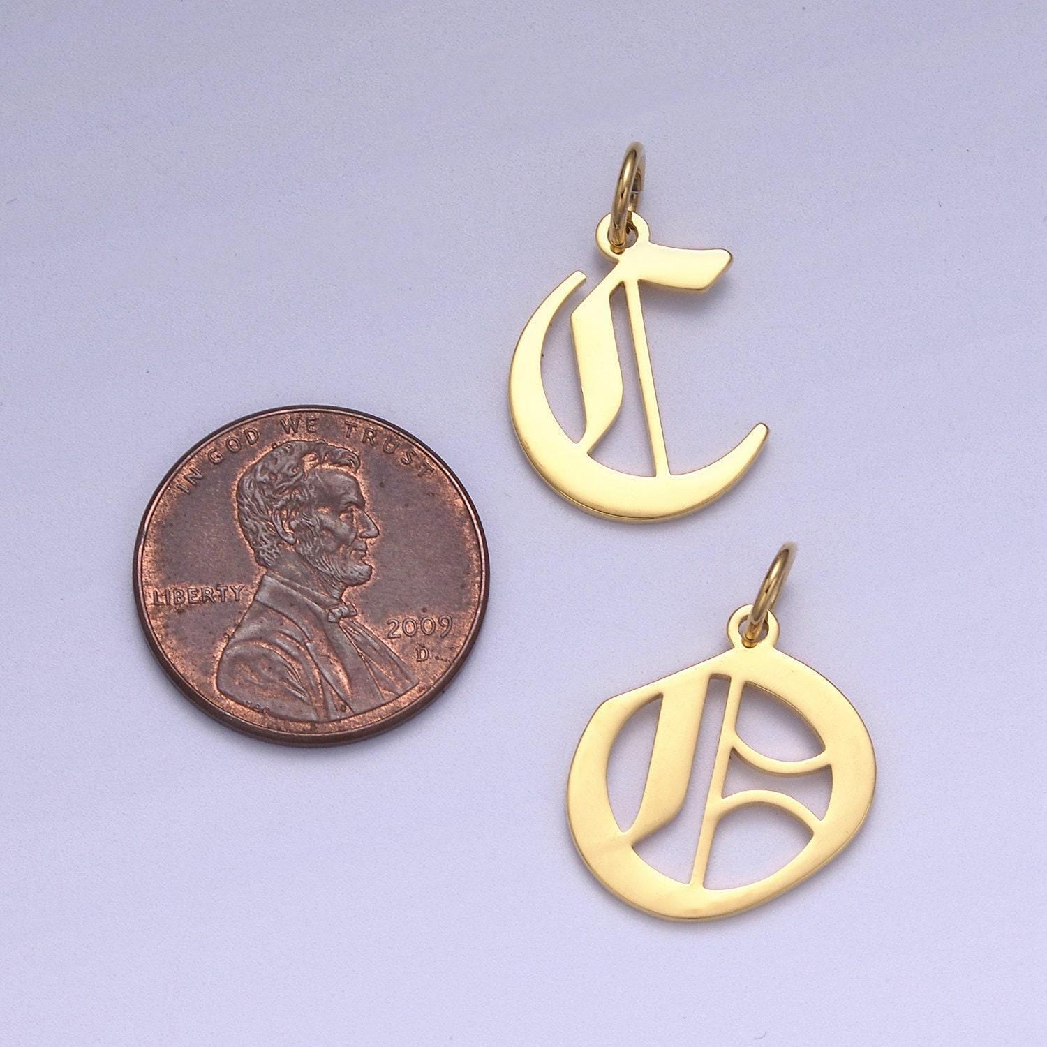 Gold filled charm personalized gothic initial letter charm necklace old english font style, delicate initial necklace for women men