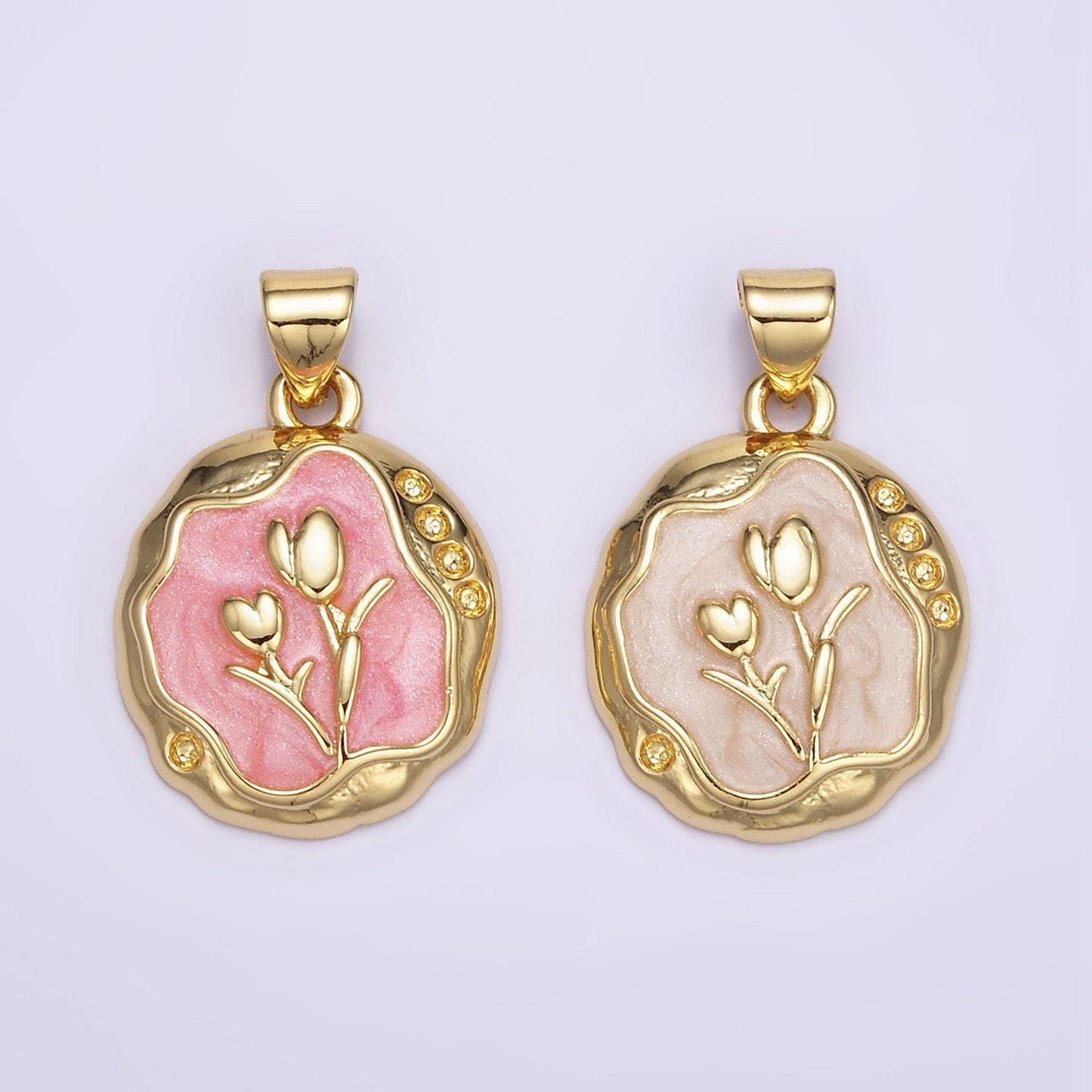 1pc gold tulip charms white, pink enamel flower charm abstract oval charm medallion for necklace bracelet aa069