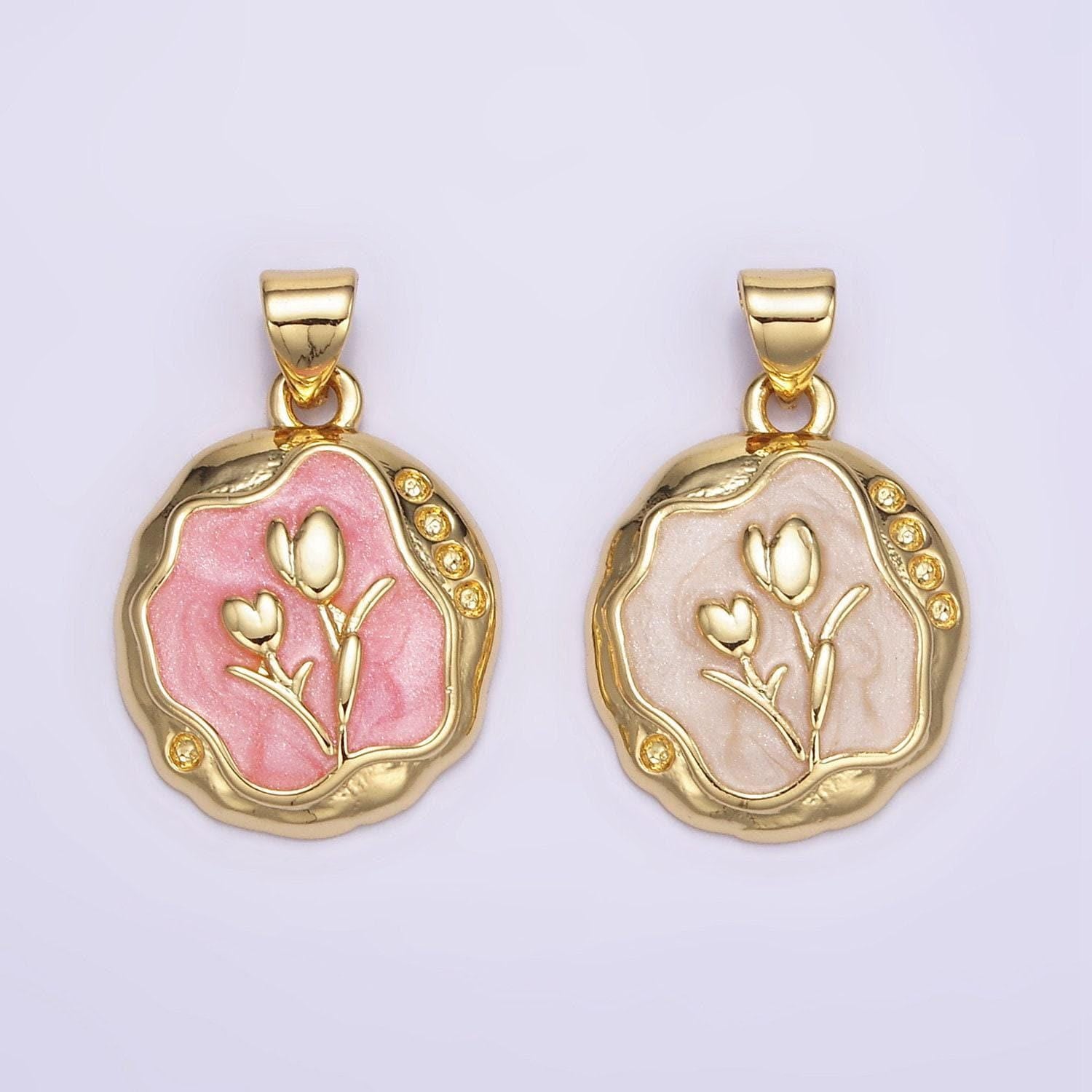 1pc gold tulip charms white, pink enamel flower charm abstract oval charm medallion for necklace bracelet aa069