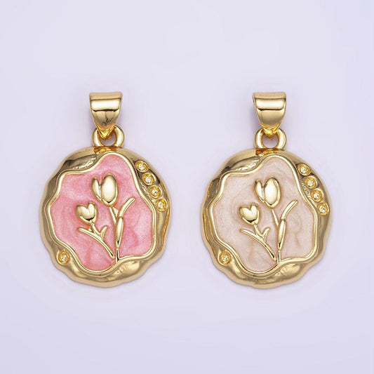 1pc gold tulip charms white, pink enamel flower charm abstract oval charm medallion for necklace bracelet aa069